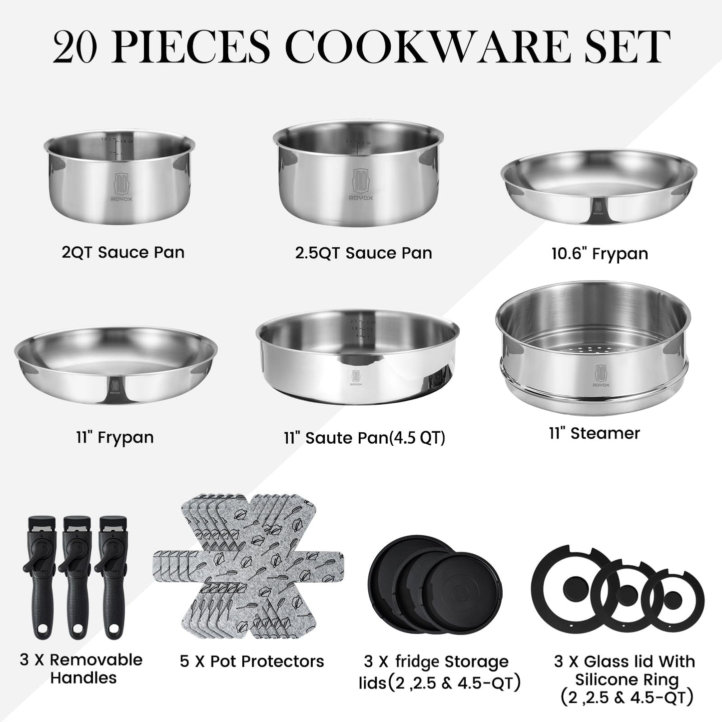 ROYDX 16pcs Pots and Pans Set, Stainless Steel Cookware Set Detachable Handle, Induction Kitchen Stackable RV Cookware Sets, (Camper, Boat, Small Kitchen), Dishwasher Safe&Oven Safe, PFOA Free, Silver