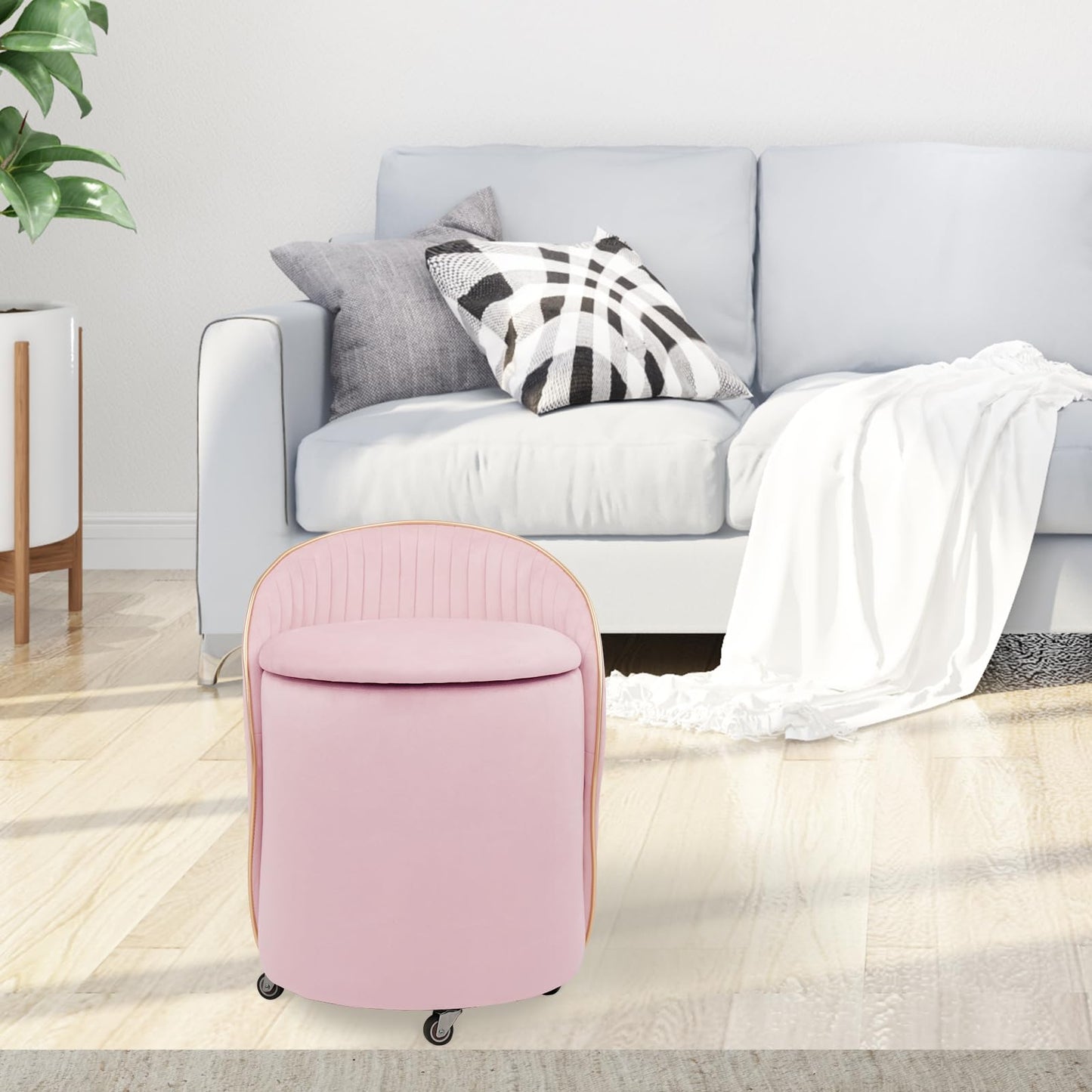Round Storage Ottoman, Upholstered Velvet Vanity Stool with Lumbar Support, Swivel Rolling Wheels, Small Foot Stools Coffee Table Padded Seat for Makeup Room, Living Room, Bedroom (Beige)