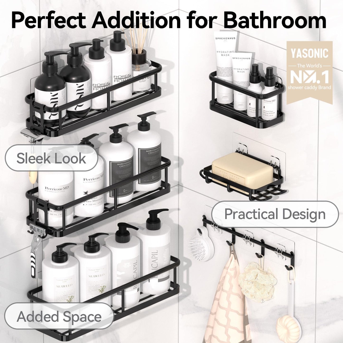 YASONIC Shower Caddy, 6 Pack Large Capacity Shower Organizer with Soap Holder and 12 Hooks, Rustproof Shower Shelves for Inside Shower, No Drilling&Sleek Bathroom Organizers and Storage