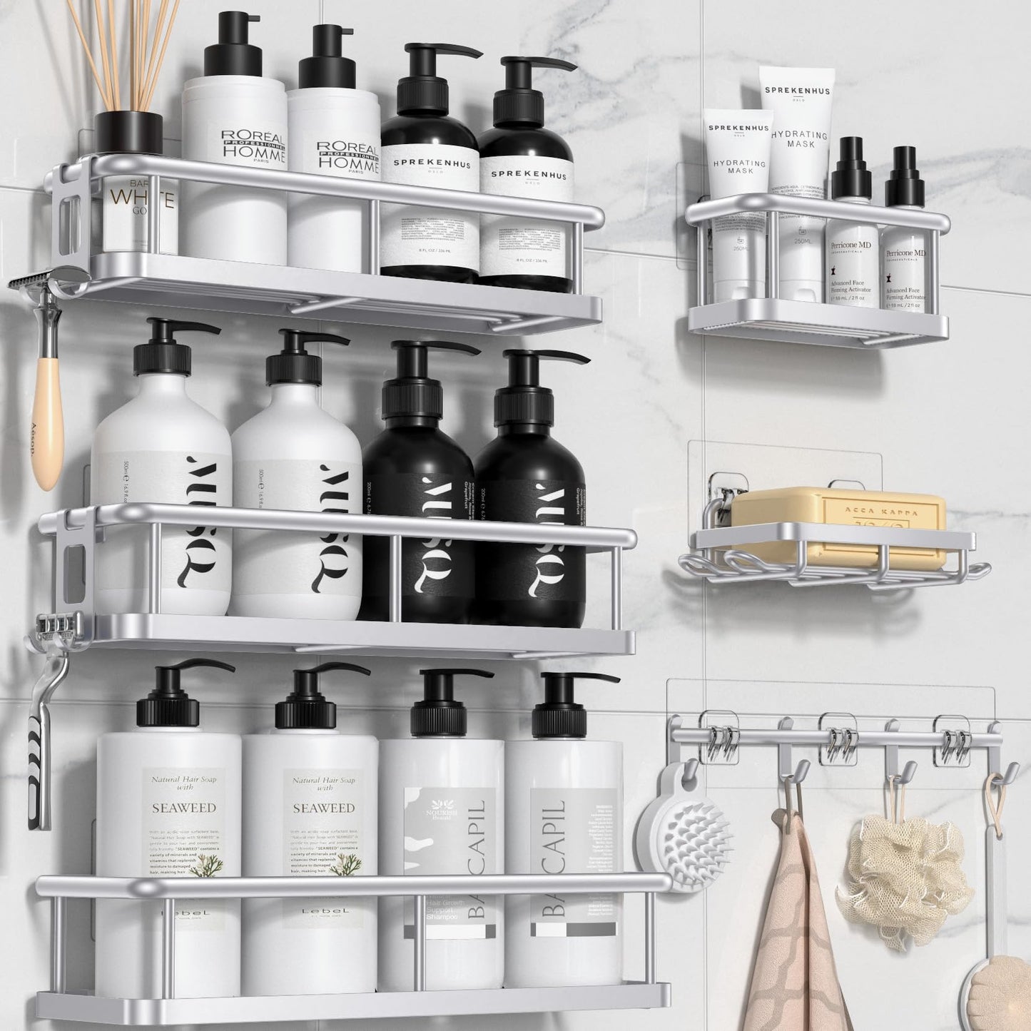 YASONIC Shower Caddy, 6 Pack Large Capacity Shower Organizer with Soap Holder and 12 Hooks, Rustproof Shower Shelves for Inside Shower, No Drilling&Sleek Bathroom Organizers and Storage