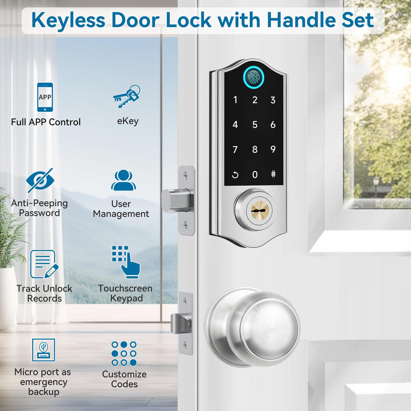 Harfo Fingerprint Smart Door Locks for Front Door with Handle Set, App Control, Keyless Entry Door Lock Keypad Deadbolt, Bluetooth Digital Electronic Touchscreen, Easy Install, Auto Lock, Black