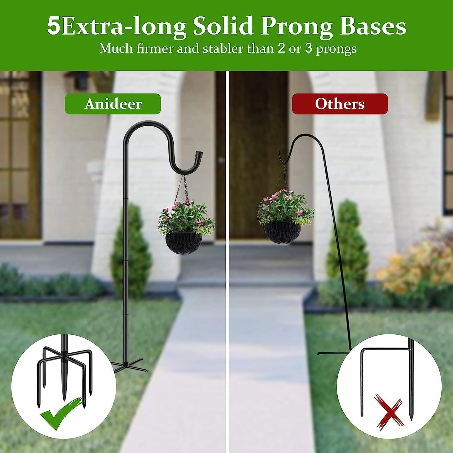 72" Shepherds Hooks for Outdoor, Heavy Duty Bird Feeder Pole with 7 Base Prongs, Adjustable Garden Hanging Holder for Bird Feeders, Solar Light Lanterns, Garden Plant Hanger Stands, 2 Packs