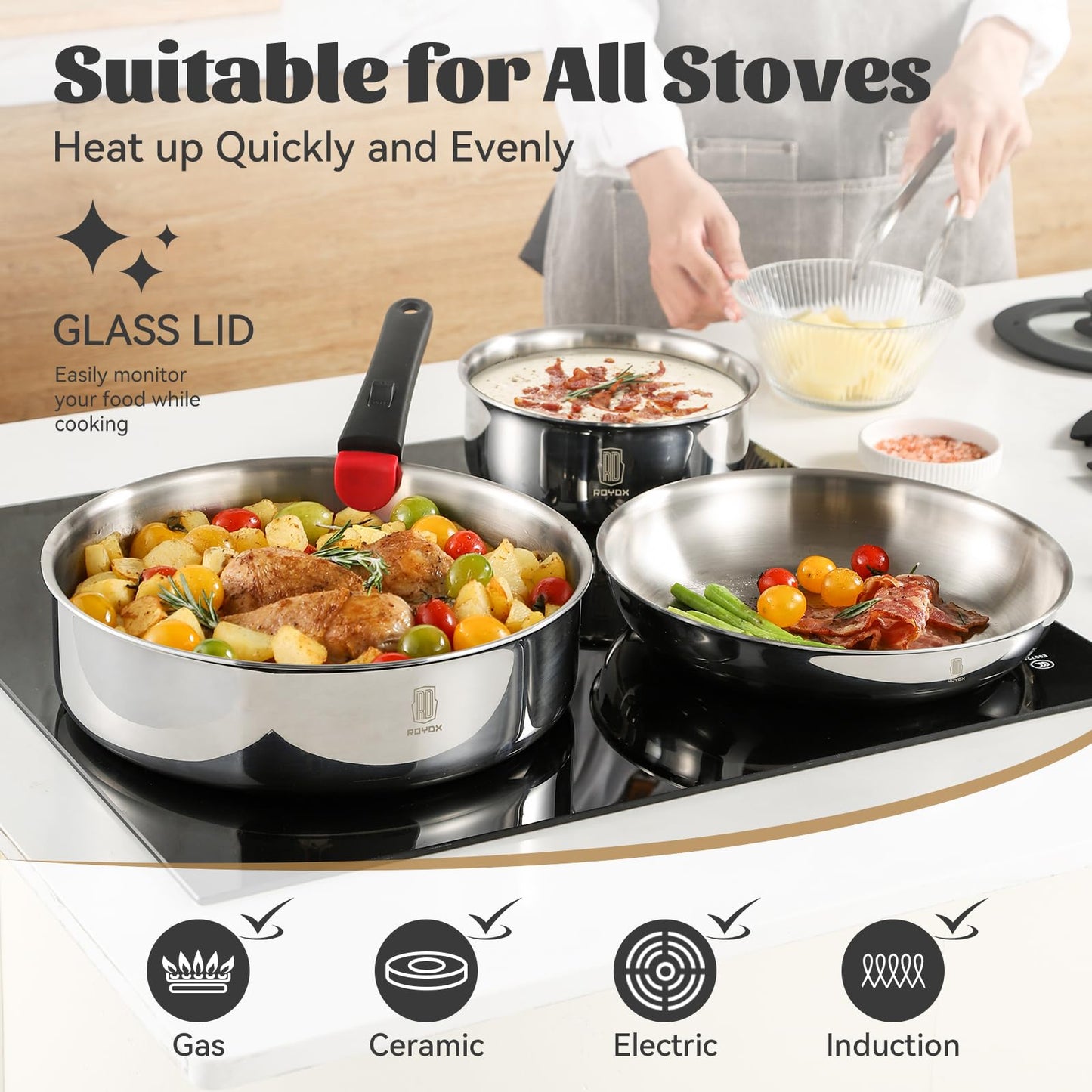 ROYDX 16pcs Pots and Pans Set, Stainless Steel Cookware Set Detachable Handle, Induction Kitchen Stackable RV Cookware Sets, (Camper, Boat, Small Kitchen), Dishwasher Safe&Oven Safe, PFOA Free, Silver