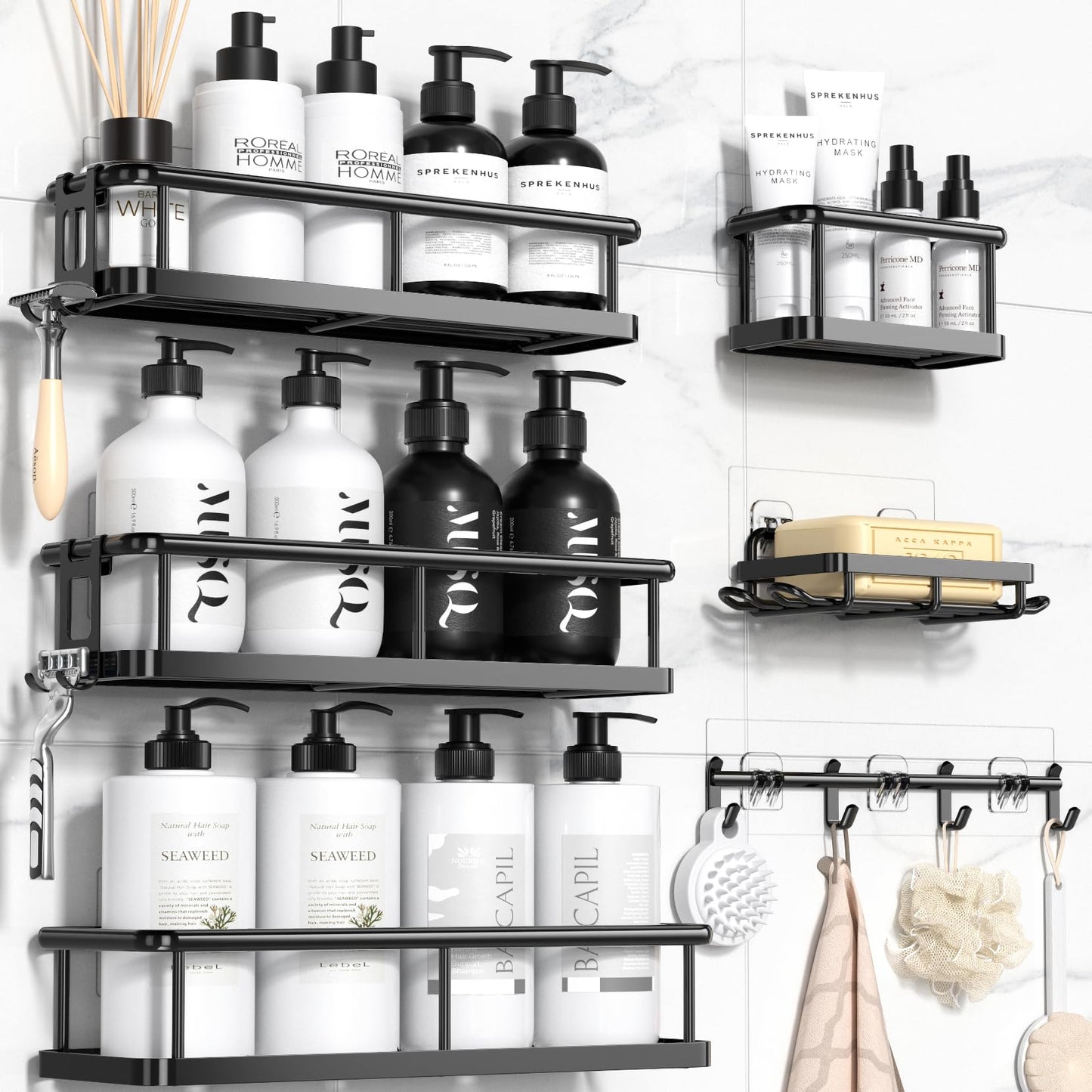 YASONIC Shower Caddy, 6 Pack Large Capacity Shower Organizer with Soap Holder and 12 Hooks, Rustproof Shower Shelves for Inside Shower, No Drilling&Sleek Bathroom Organizers and Storage