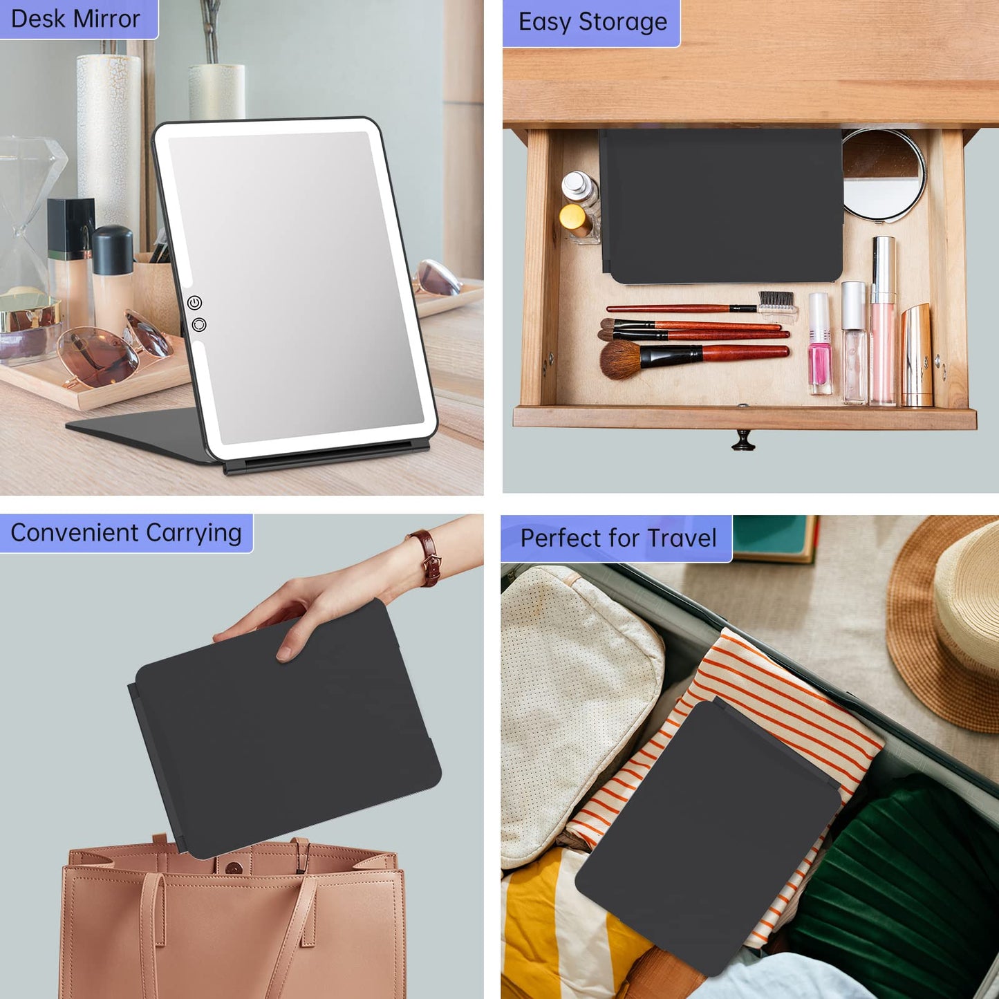 FUNTOUCH 2500mAh Large Rechargeable Travel Makeup Mirror with Lights, Portable Makeup Mirror with 10X Magnifying Mirror 3 Lighting Modes, Tabletop Folding Travel Mirror with PU Leather Cover (Pink)