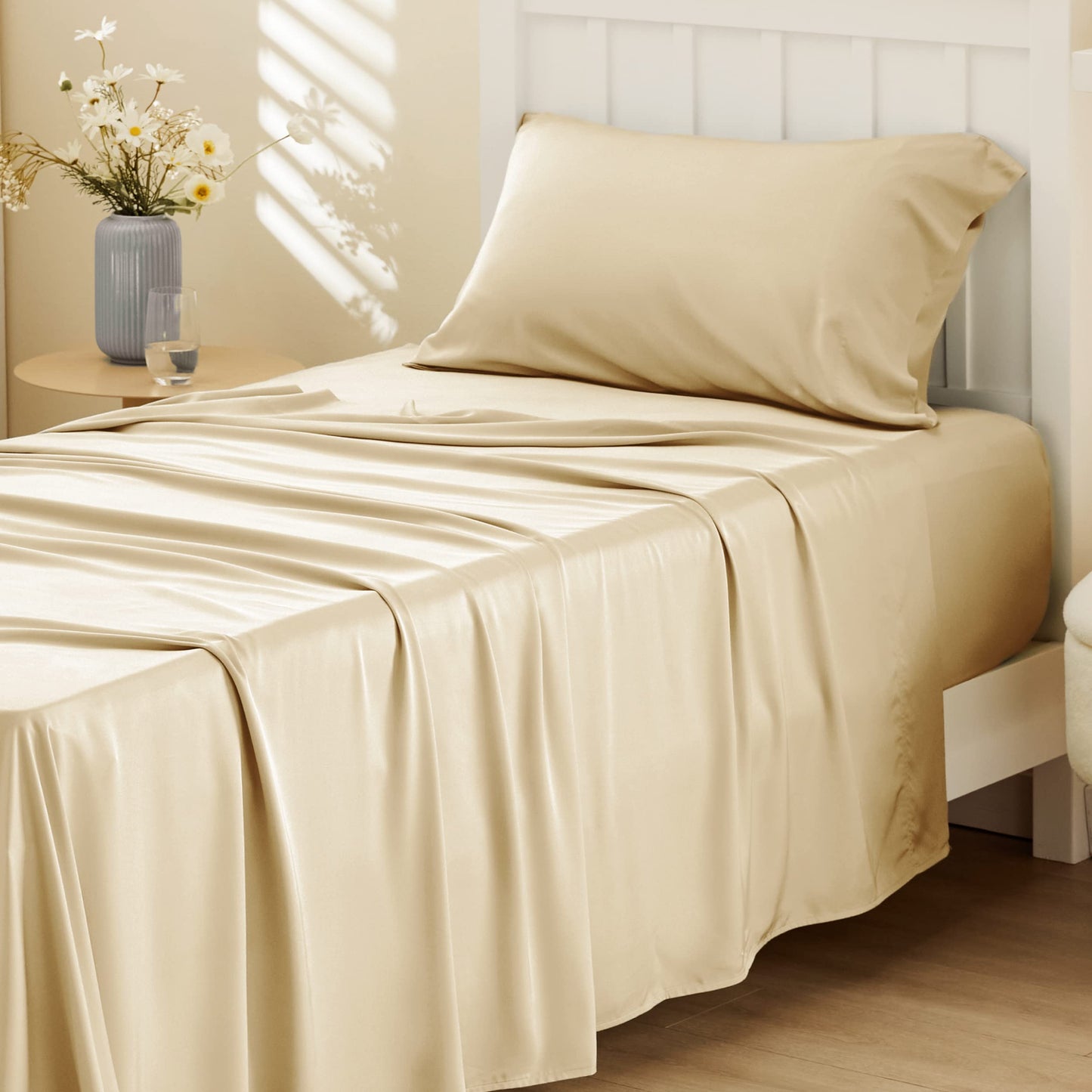 Bedsure Queen Sheet Set, Cooling Sheets for Queen Size Bed Set, Rayon Derived from Bamboo, Breathable & Soft Deep Pocket Up to 16 Inches, Hotel Luxury Silky Bedding, Bedsheet & Pillowcases, Dark Grey