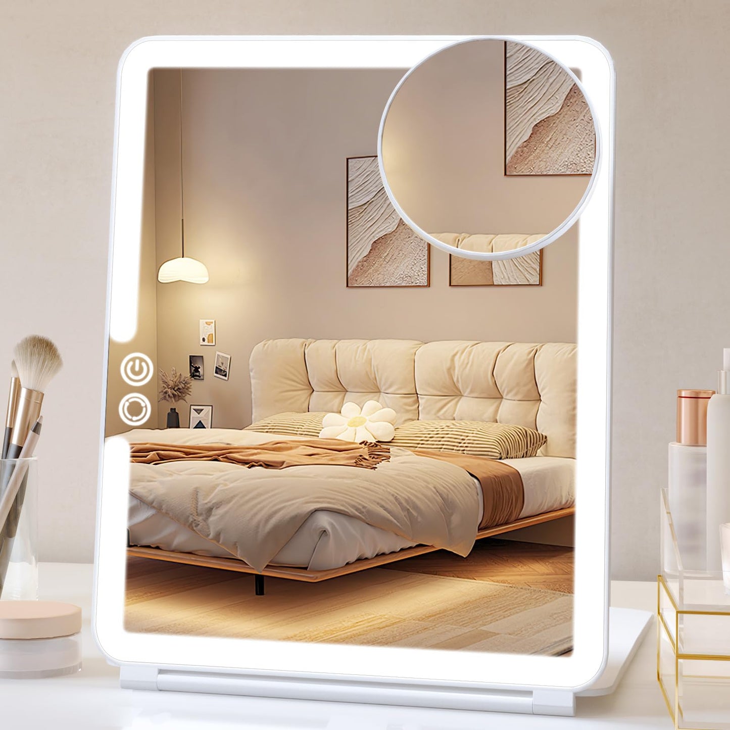 FUNTOUCH 2500mAh Large Rechargeable Travel Makeup Mirror with Lights, Portable Makeup Mirror with 10X Magnifying Mirror 3 Lighting Modes, Tabletop Folding Travel Mirror with PU Leather Cover (Pink)