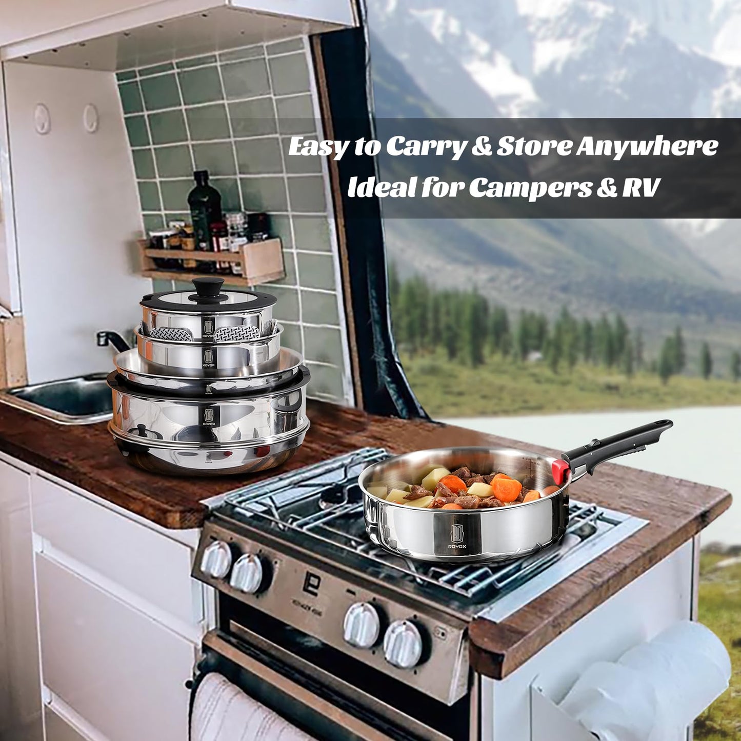 ROYDX 16pcs Pots and Pans Set, Stainless Steel Cookware Set Detachable Handle, Induction Kitchen Stackable RV Cookware Sets, (Camper, Boat, Small Kitchen), Dishwasher Safe&Oven Safe, PFOA Free, Silver