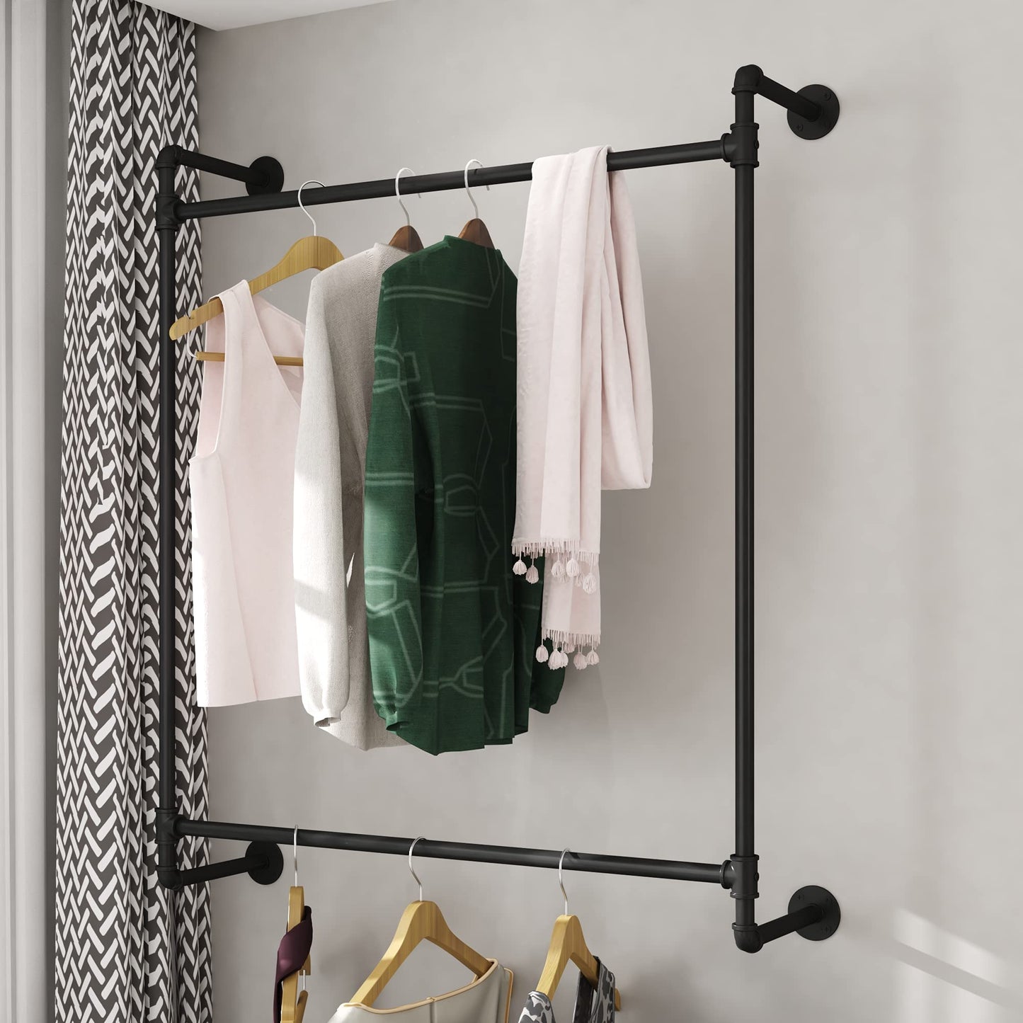 Industrial Pipe Clothing Rack Wall Mounted Clothes Rack Heavy Duty Closet Rod for Retail, Laundry Room, Bedroom