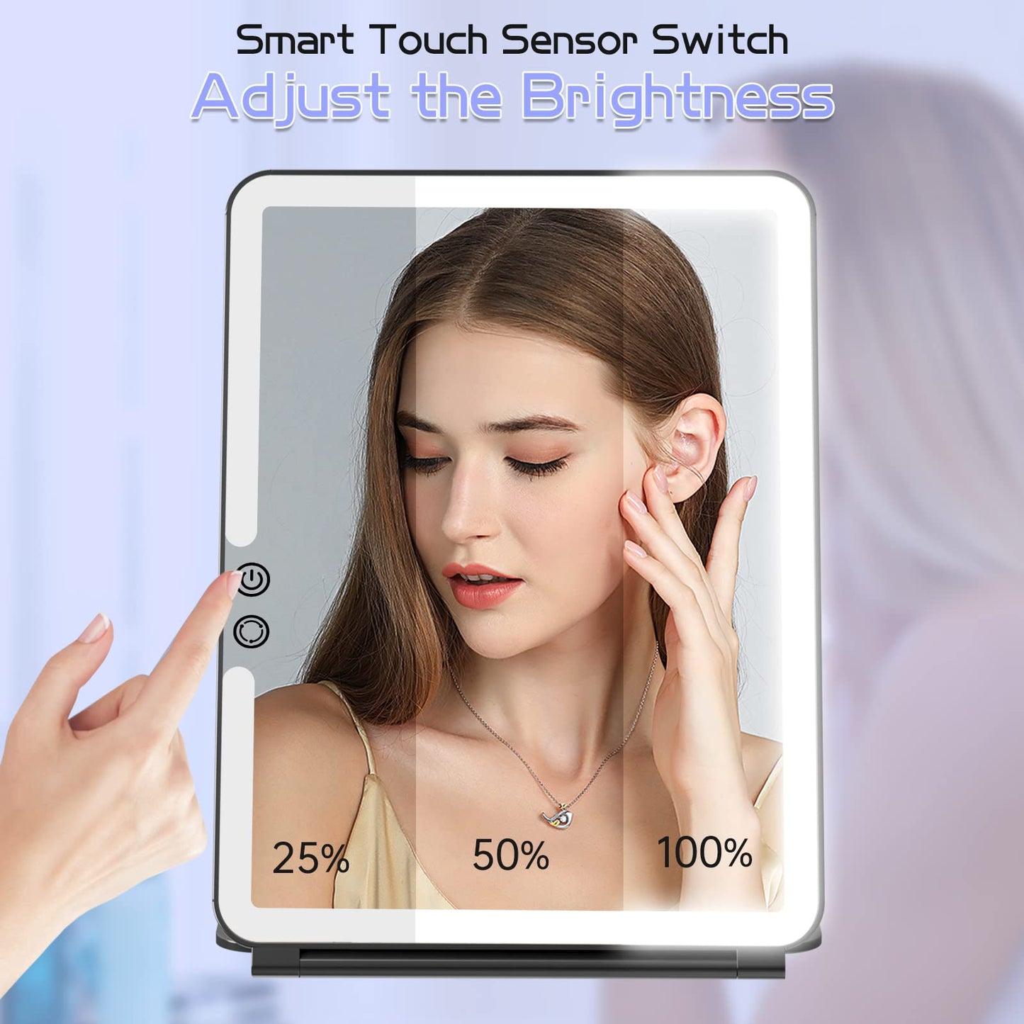 FUNTOUCH 2500mAh Large Rechargeable Travel Makeup Mirror with Lights, Portable Makeup Mirror with 10X Magnifying Mirror 3 Lighting Modes, Tabletop Folding Travel Mirror with PU Leather Cover (Pink)