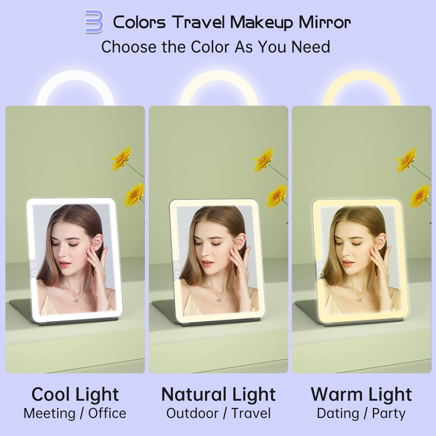 FUNTOUCH 2500mAh Large Rechargeable Travel Makeup Mirror with Lights, Portable Makeup Mirror with 10X Magnifying Mirror 3 Lighting Modes, Tabletop Folding Travel Mirror with PU Leather Cover (Pink)