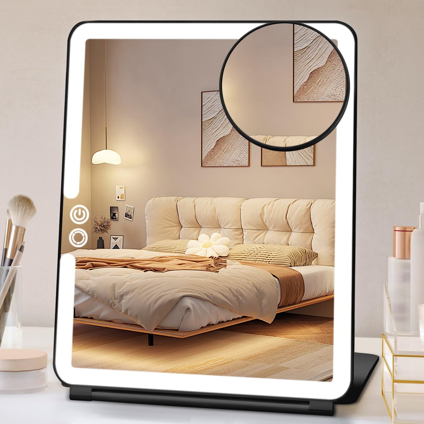 FUNTOUCH 2500mAh Large Rechargeable Travel Makeup Mirror with Lights, Portable Makeup Mirror with 10X Magnifying Mirror 3 Lighting Modes, Tabletop Folding Travel Mirror with PU Leather Cover (Pink)