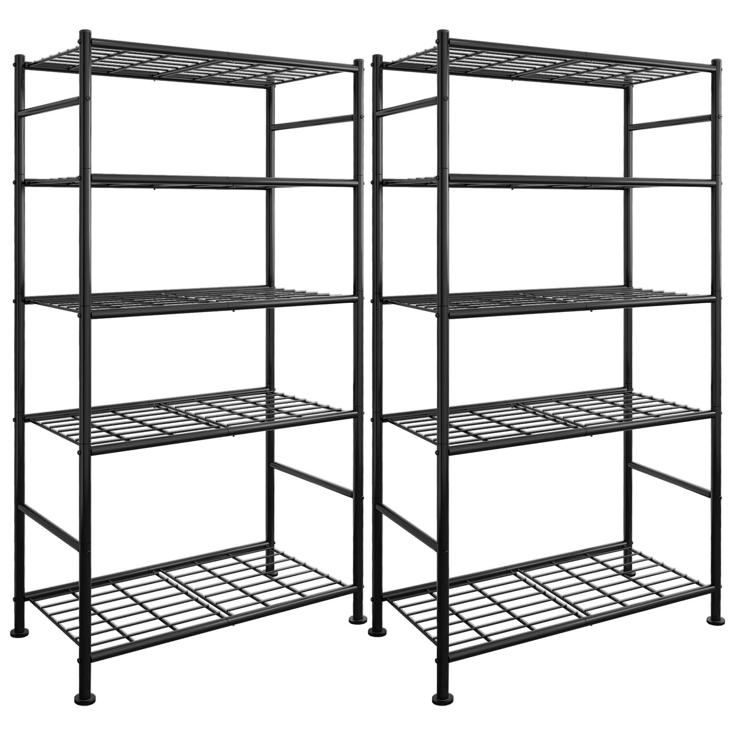 Storage Shelves - Set of 2, 5-Tier Metal Shelf Organizer, Space-Saving Garage Shelving with Leveling Feet, Standing Shelves Organizer for Kitchen, Laundry, Pantry (18.1"x12.3"x56.8", Black)