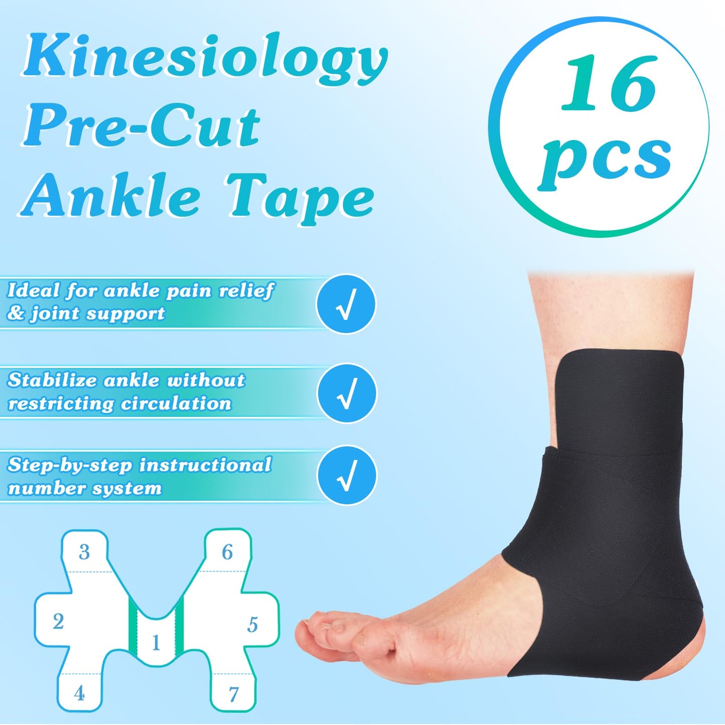 16 Pcs Kinesiology Tape for Ankle Tape Precut, Athletic Original Cotton Waterproof Breathable, Provides Support and Stability to The Target Area for Ligament and Muscle (Pink)