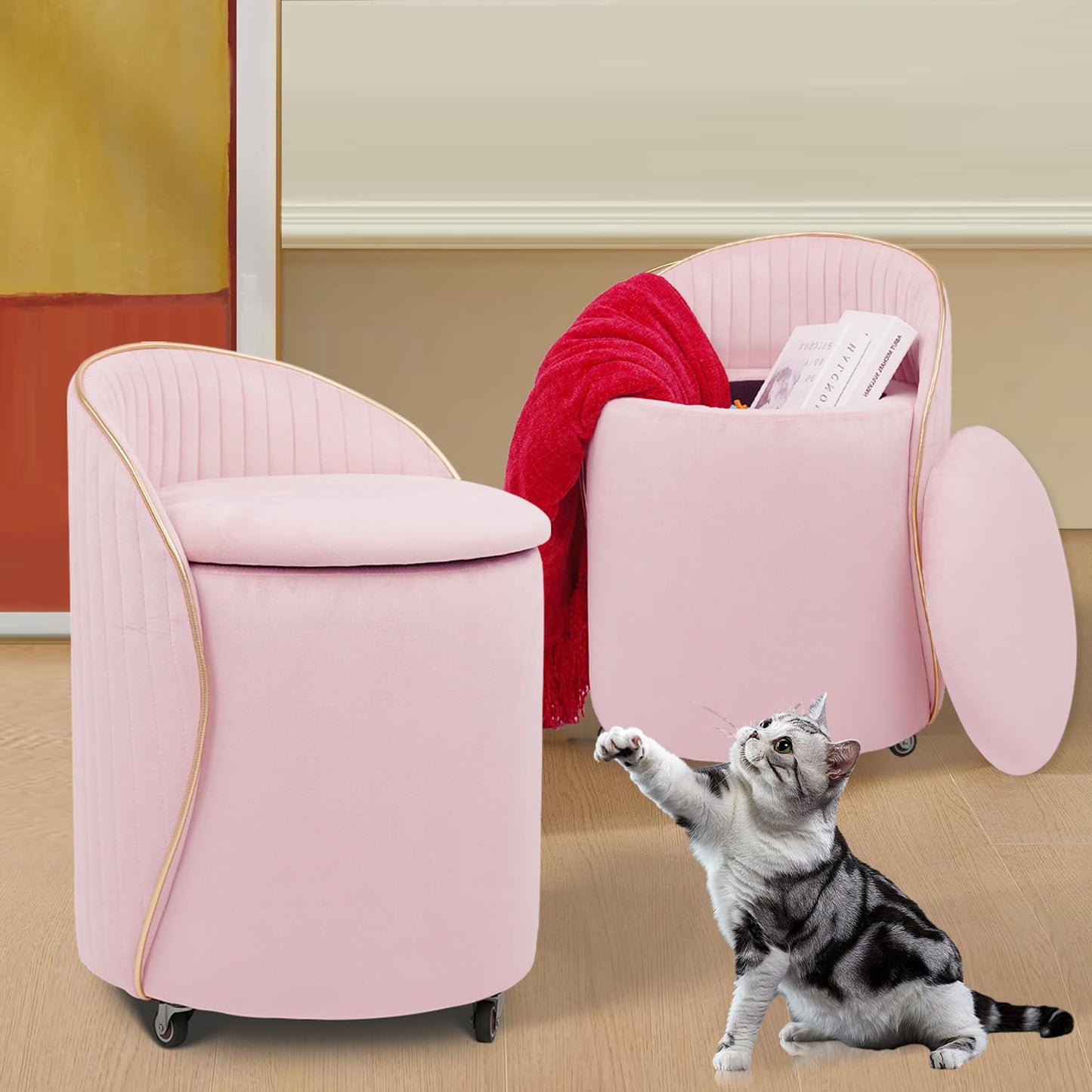 Round Storage Ottoman, Upholstered Velvet Vanity Stool with Lumbar Support, Swivel Rolling Wheels, Small Foot Stools Coffee Table Padded Seat for Makeup Room, Living Room, Bedroom (Beige)