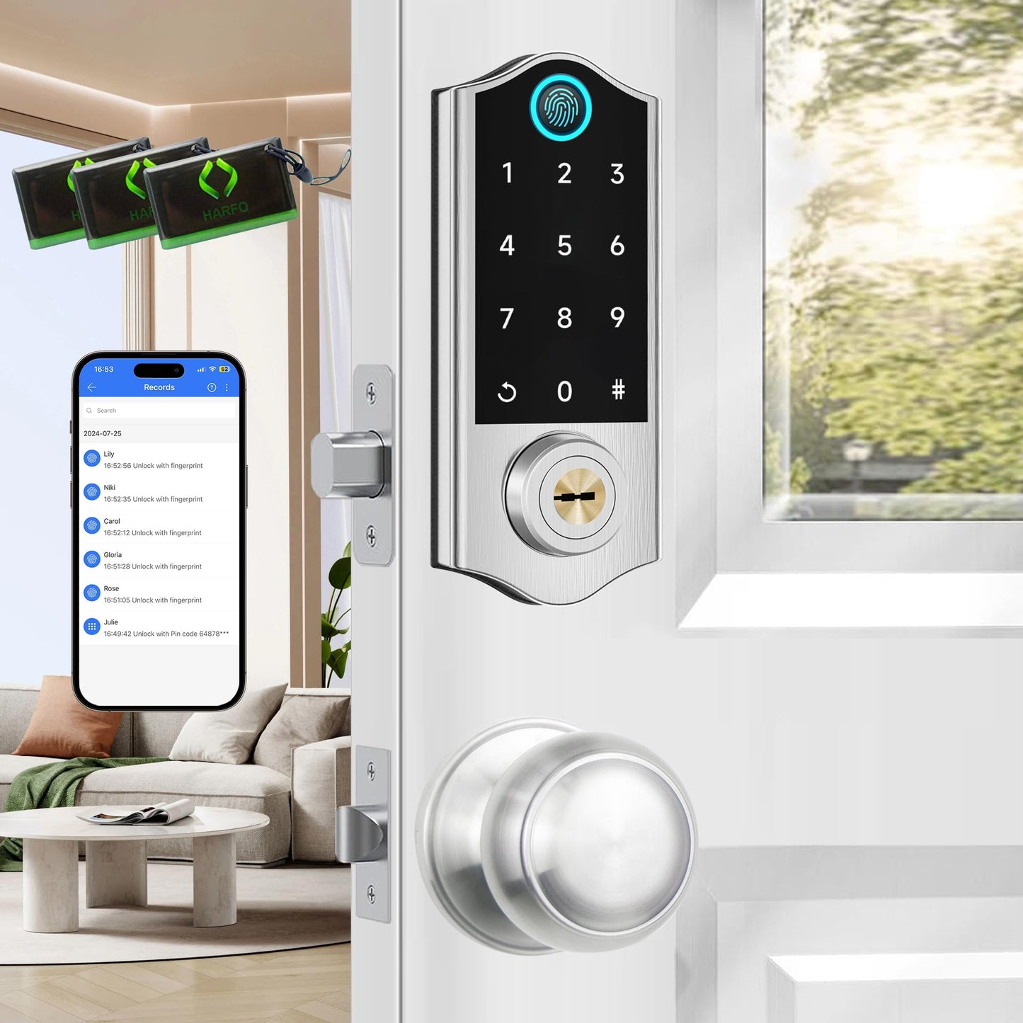 Harfo Fingerprint Smart Door Locks for Front Door with Handle Set, App Control, Keyless Entry Door Lock Keypad Deadbolt, Bluetooth Digital Electronic Touchscreen, Easy Install, Auto Lock, Black