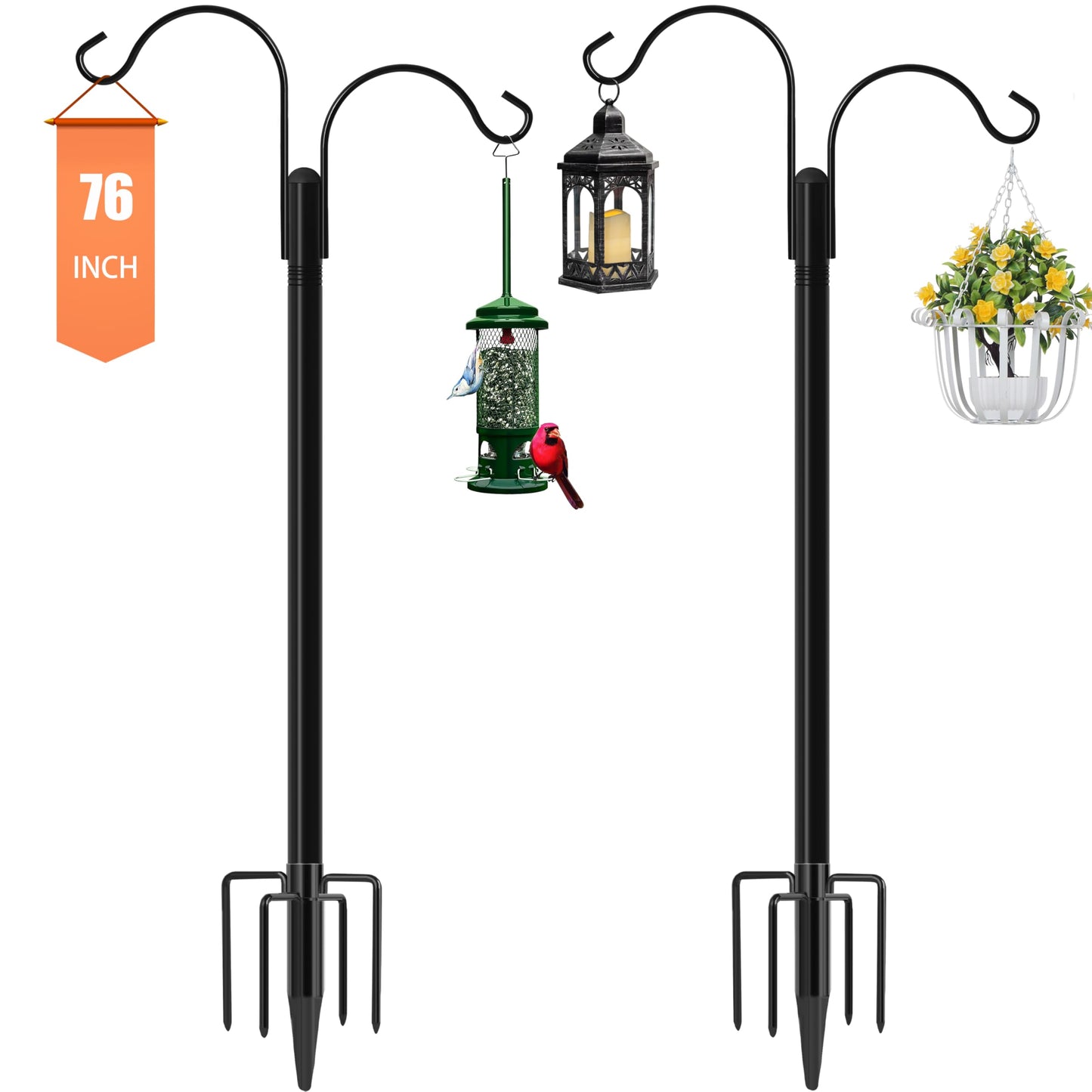 Ottsuls Bird Feeder Pole, 2 Pack 92 INCH Double Shepherds Hooks for Outdoor, Garden Pole with 5 Base Prongs Heavy Duty Planter Hooks for Hanging Plant Baskets, Lantern, Hummingbird Feeder