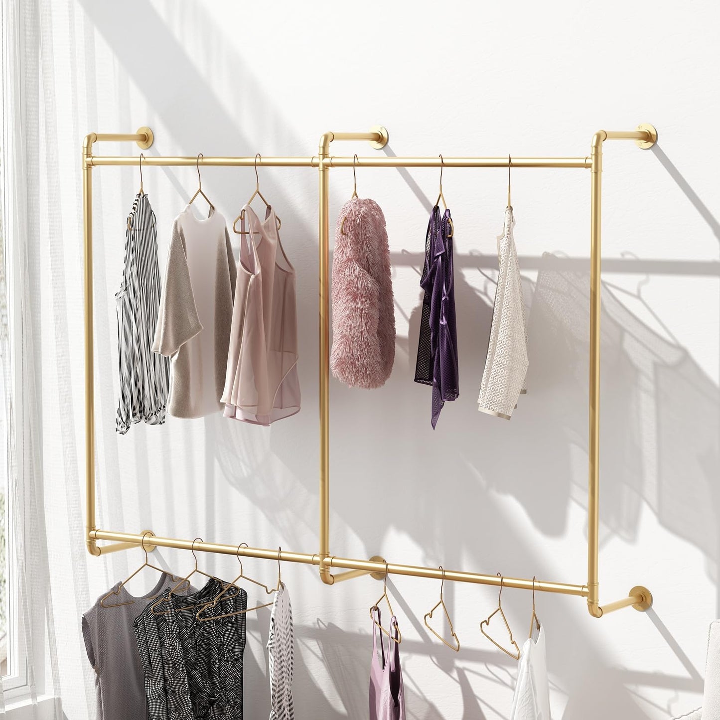 Industrial Pipe Clothing Rack Wall Mounted Clothes Rack Heavy Duty Closet Rod for Retail, Laundry Room, Bedroom