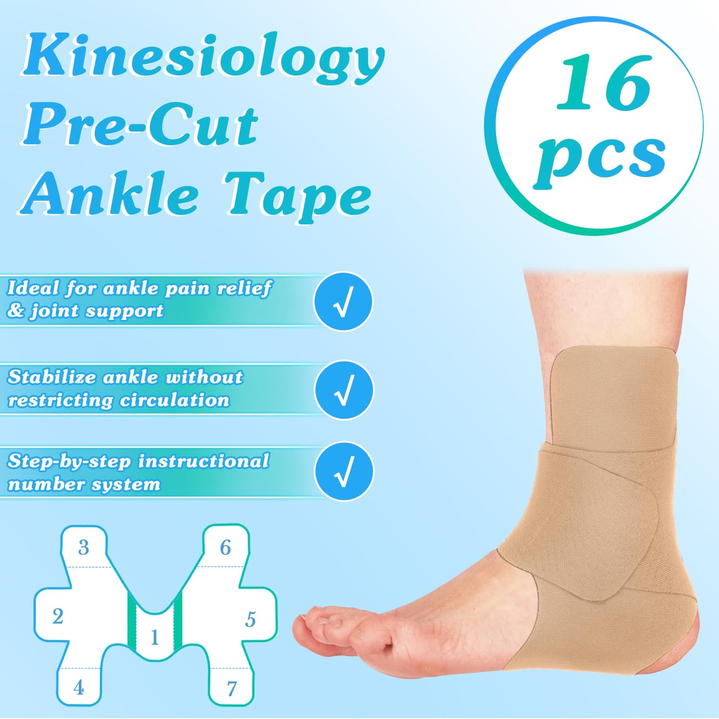 16 Pcs Kinesiology Tape for Ankle Tape Precut, Athletic Original Cotton Waterproof Breathable, Provides Support and Stability to The Target Area for Ligament and Muscle (Pink)