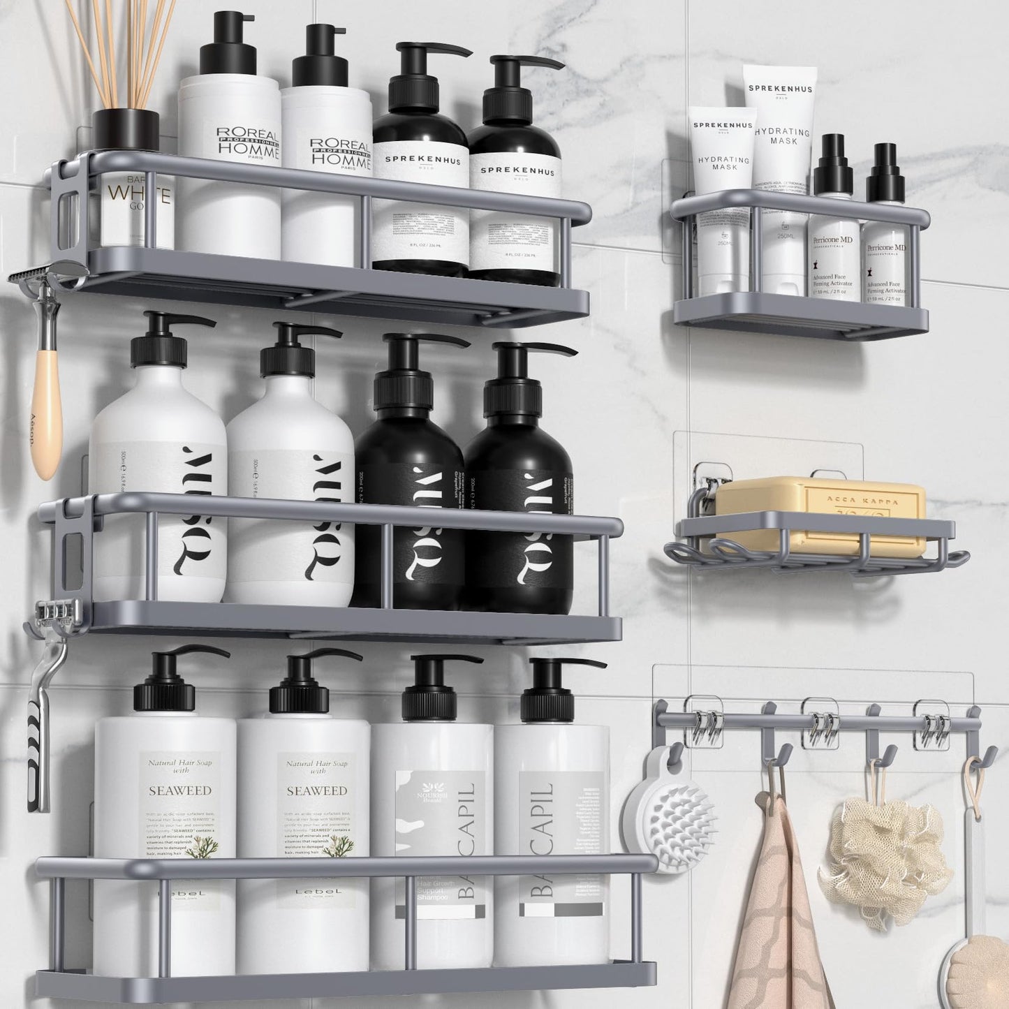 YASONIC Shower Caddy, 6 Pack Large Capacity Shower Organizer with Soap Holder and 12 Hooks, Rustproof Shower Shelves for Inside Shower, No Drilling&Sleek Bathroom Organizers and Storage