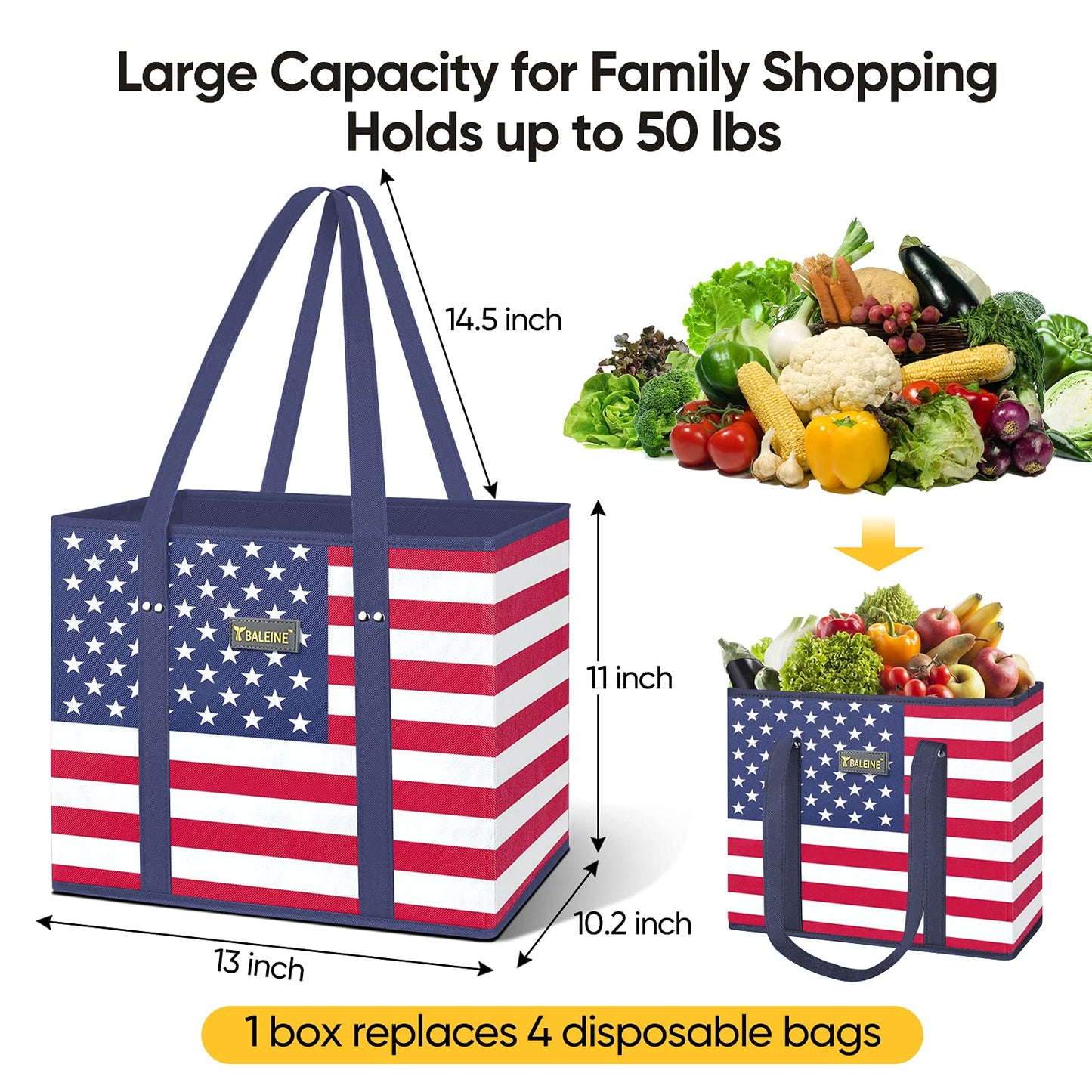 BALEINE 3Pk Reusable Grocery Bags, Foldable Shopping Bags for Groceries with Reinforced Bottom & Handles (Antique Foliage)