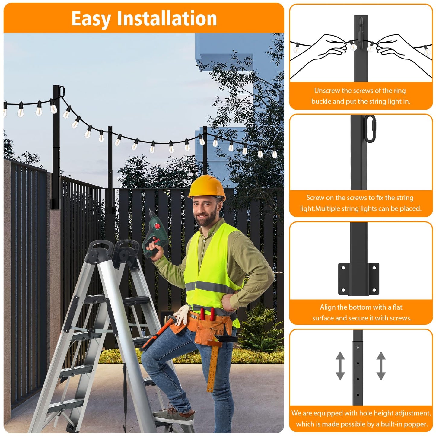 10Ft String Light Poles 4 Pack,Light Poles for Outside Lights,Outdoor with Fence Brackets Hanging Lights,Metal Stand Deck Patio Backyard