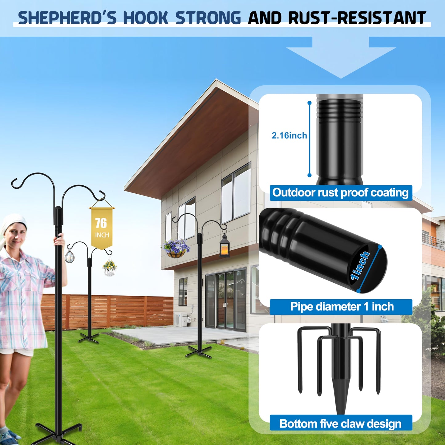 Ottsuls Bird Feeder Pole, 2 Pack 92 INCH Double Shepherds Hooks for Outdoor, Garden Pole with 5 Base Prongs Heavy Duty Planter Hooks for Hanging Plant Baskets, Lantern, Hummingbird Feeder