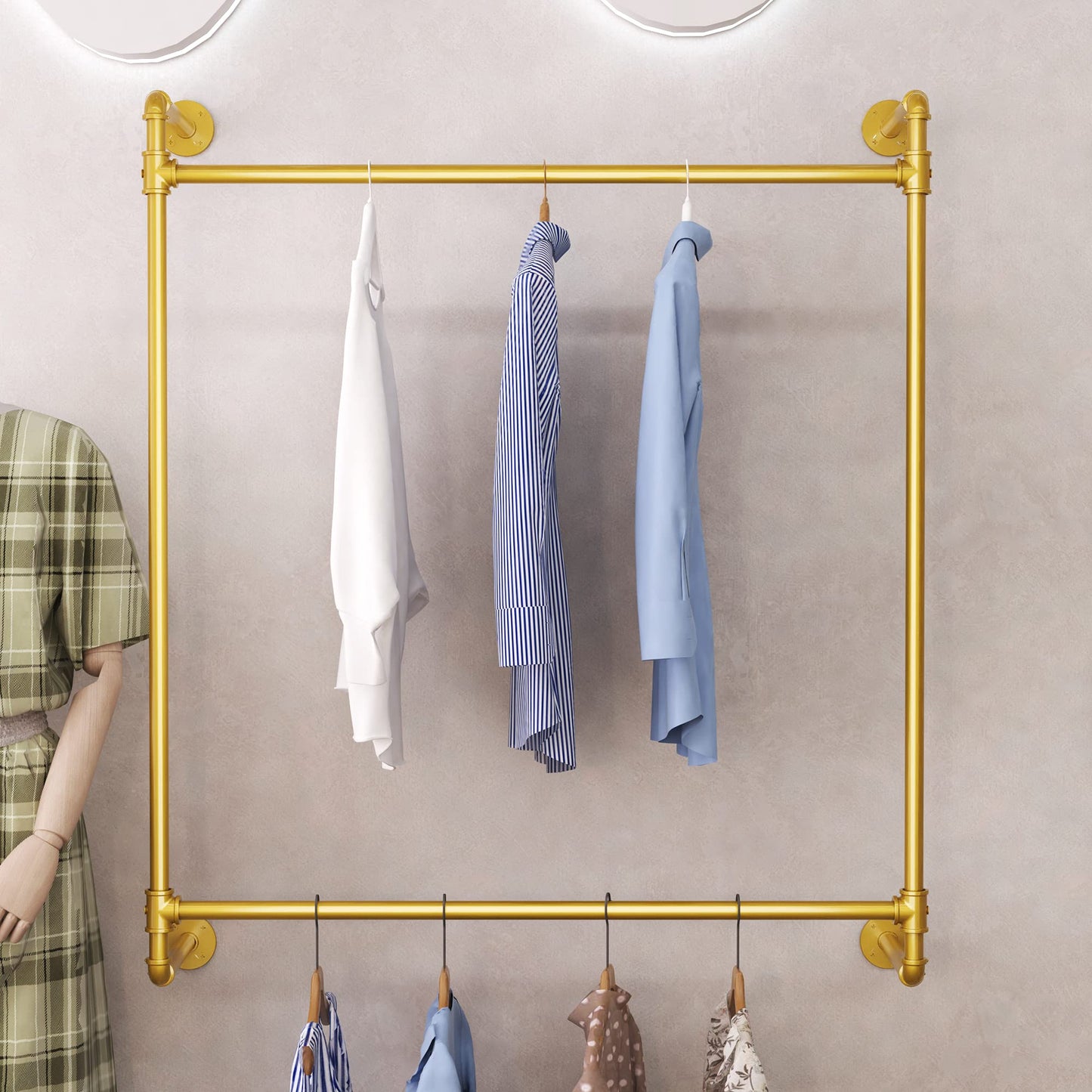 Industrial Pipe Clothing Rack Wall Mounted Clothes Rack Heavy Duty Closet Rod for Retail, Laundry Room, Bedroom