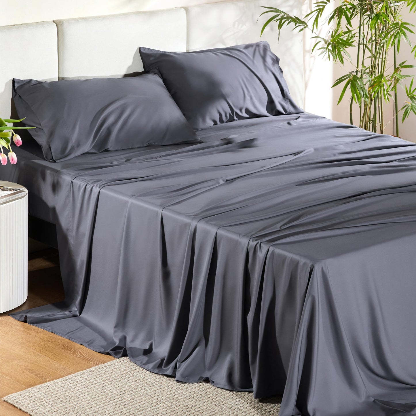 Bedsure Queen Sheet Set, Cooling Sheets for Queen Size Bed Set, Rayon Derived from Bamboo, Breathable & Soft Deep Pocket Up to 16 Inches, Hotel Luxury Silky Bedding, Bedsheet & Pillowcases, Dark Grey
