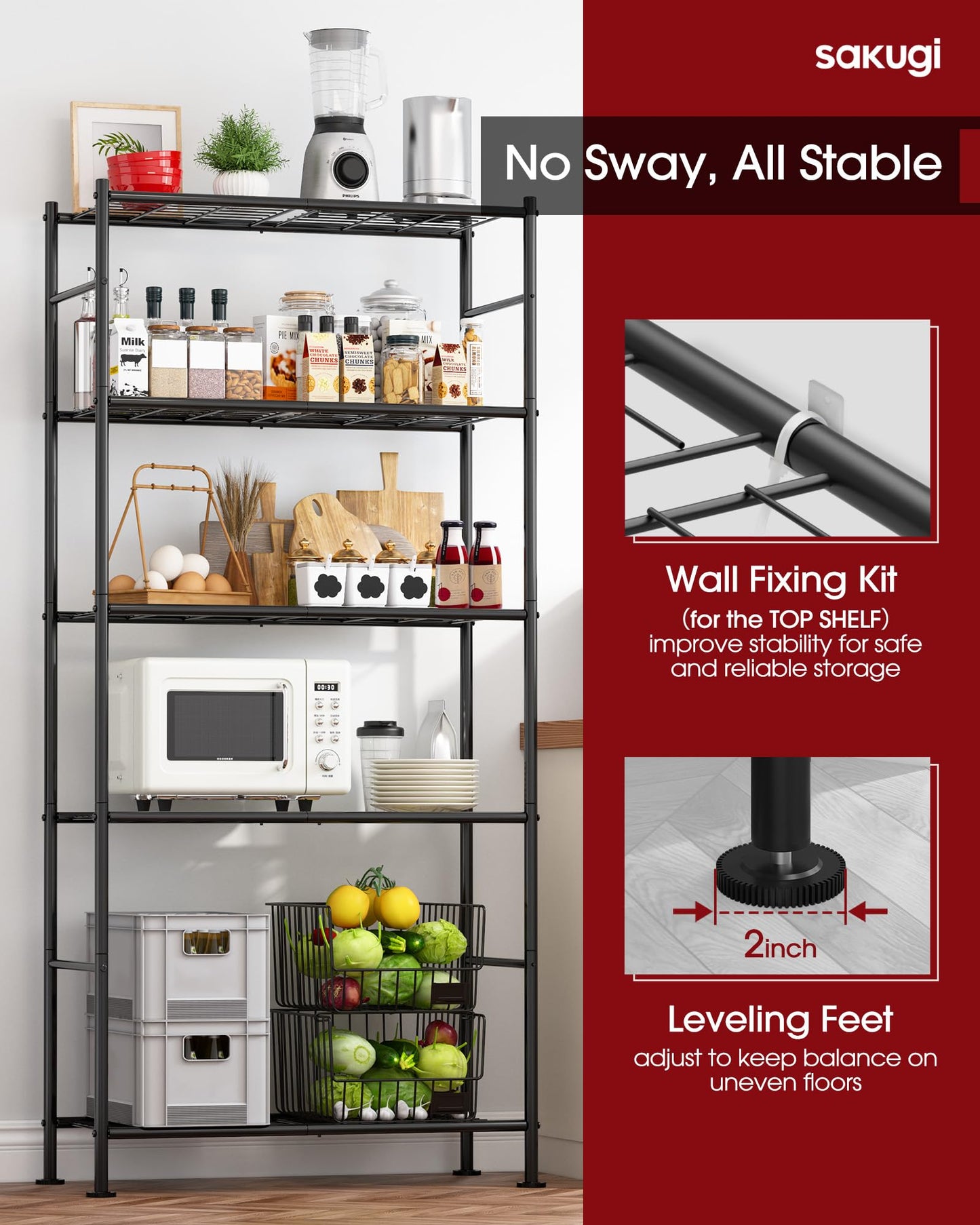 Storage Shelves - Set of 2, 5-Tier Metal Shelf Organizer, Space-Saving Garage Shelving with Leveling Feet, Standing Shelves Organizer for Kitchen, Laundry, Pantry (18.1"x12.3"x56.8", Black)