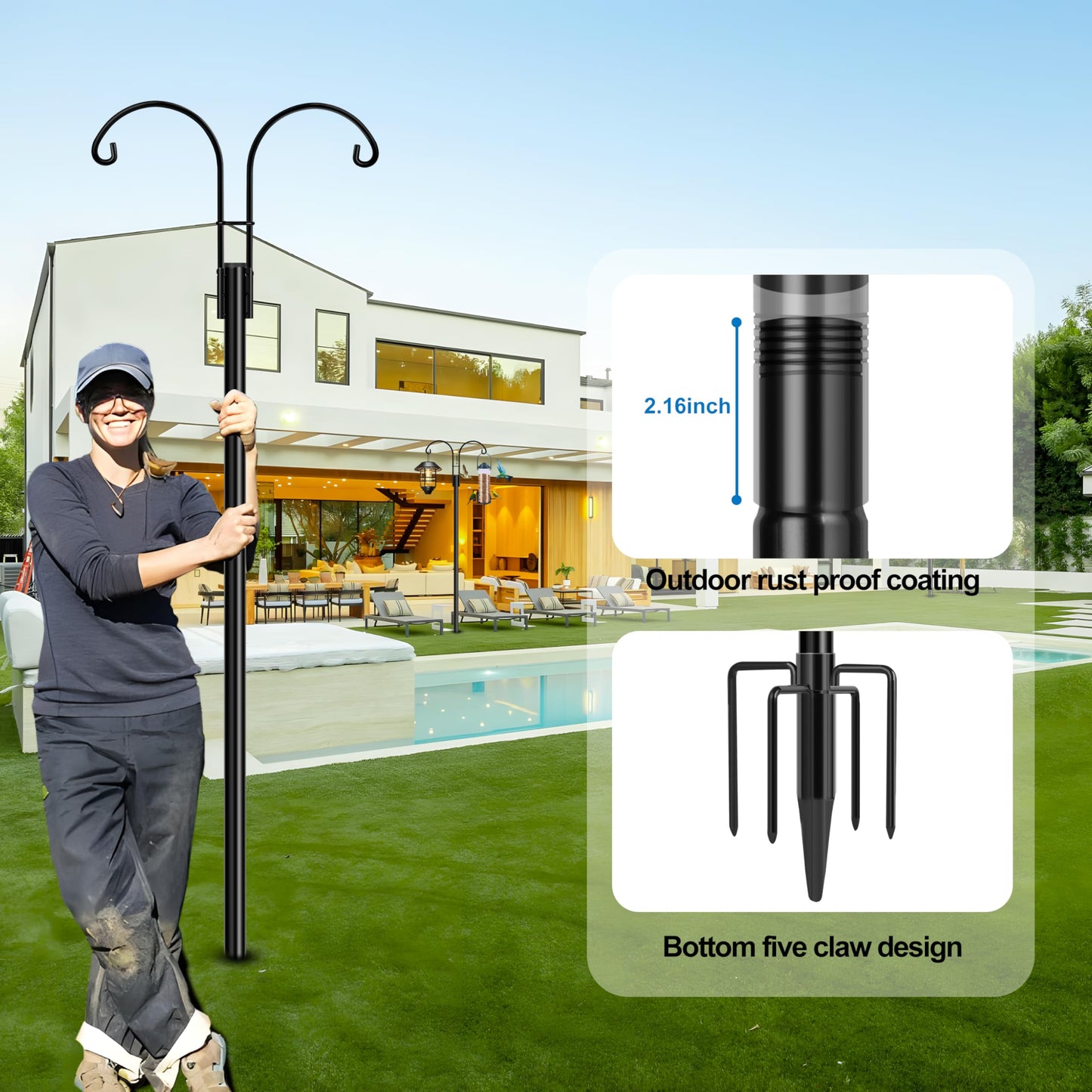 Ottsuls Bird Feeder Pole, 2 Pack 92 INCH Double Shepherds Hooks for Outdoor, Garden Pole with 5 Base Prongs Heavy Duty Planter Hooks for Hanging Plant Baskets, Lantern, Hummingbird Feeder