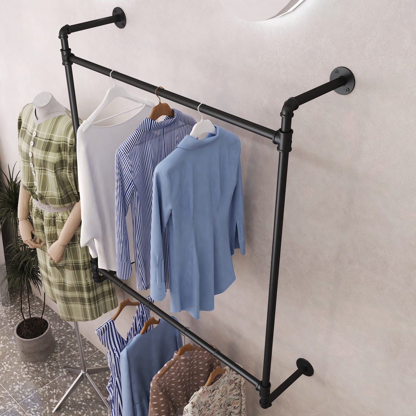 Industrial Pipe Clothing Rack Wall Mounted Clothes Rack Heavy Duty Closet Rod for Retail, Laundry Room, Bedroom