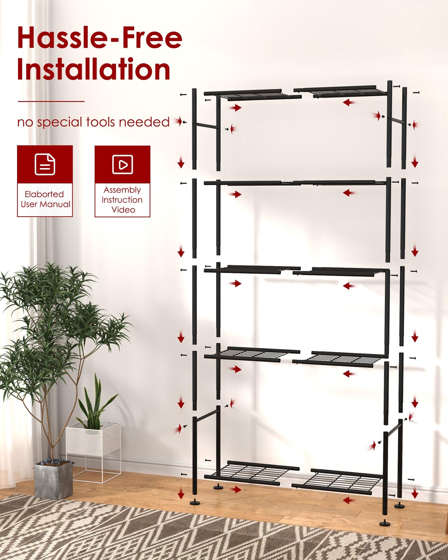 Storage Shelves - Set of 2, 5-Tier Metal Shelf Organizer, Space-Saving Garage Shelving with Leveling Feet, Standing Shelves Organizer for Kitchen, Laundry, Pantry (18.1"x12.3"x56.8", Black)
