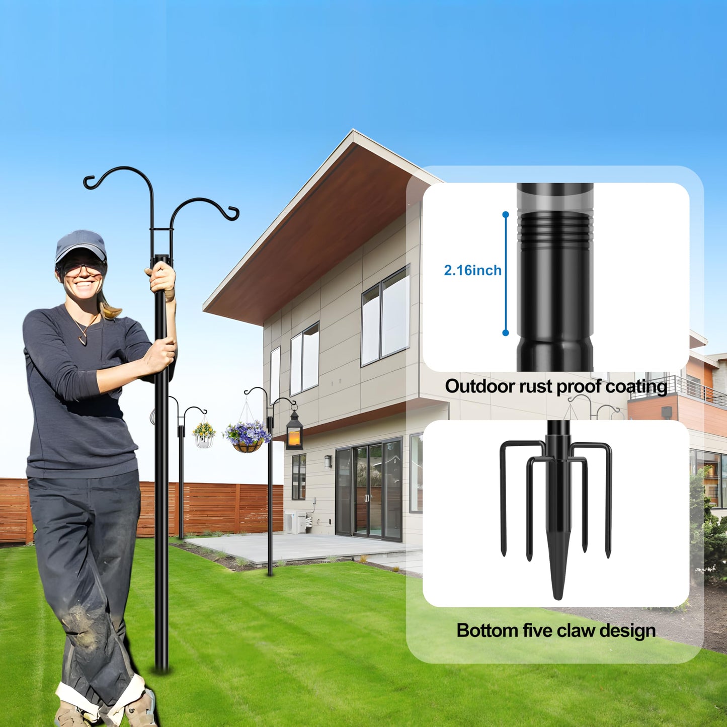 Ottsuls Bird Feeder Pole, 2 Pack 92 INCH Double Shepherds Hooks for Outdoor, Garden Pole with 5 Base Prongs Heavy Duty Planter Hooks for Hanging Plant Baskets, Lantern, Hummingbird Feeder
