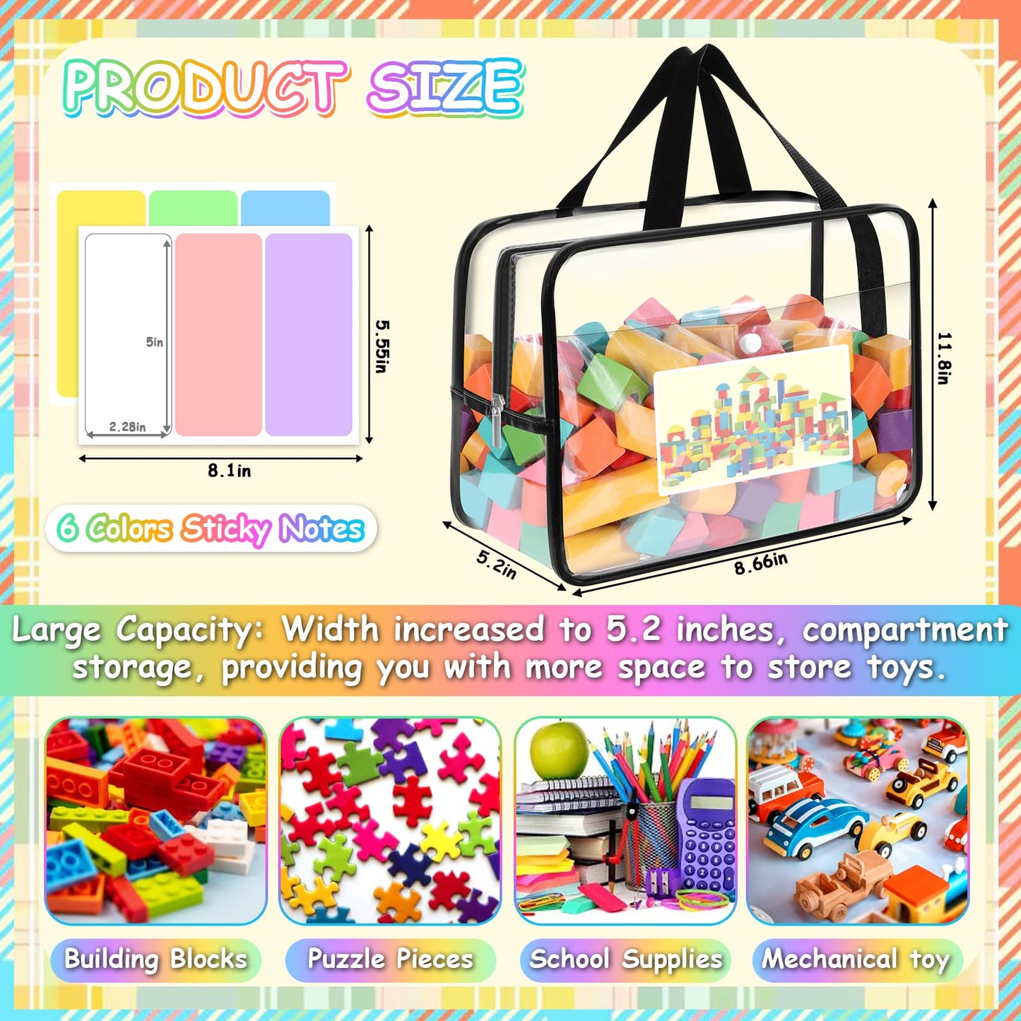 6 Pack Toy Storage Bags, Toy Organizer Bags with Zipper Front Pocket and Labels, Kid Toy Storage Organizer for Board Games, Building Blocks and Puzzles