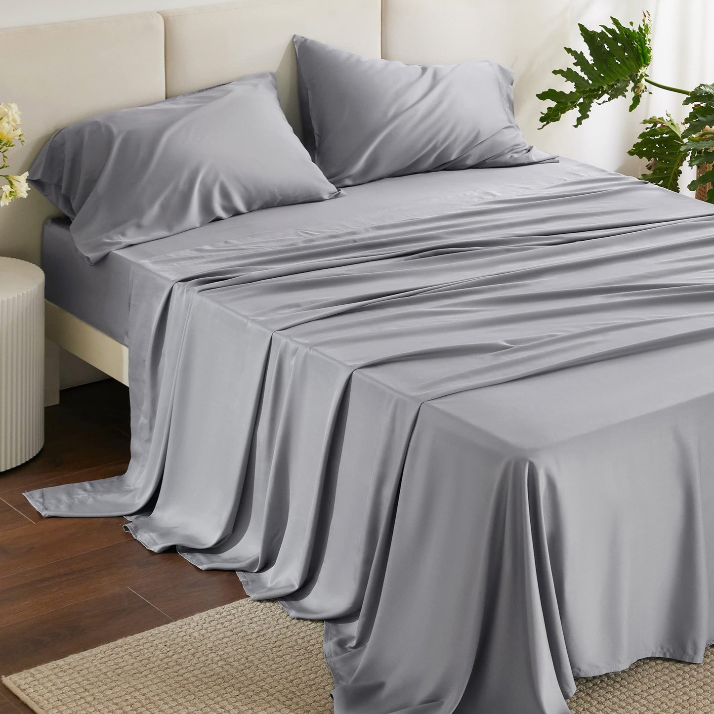 Bedsure Queen Sheet Set, Cooling Sheets for Queen Size Bed Set, Rayon Derived from Bamboo, Breathable & Soft Deep Pocket Up to 16 Inches, Hotel Luxury Silky Bedding, Bedsheet & Pillowcases, Dark Grey