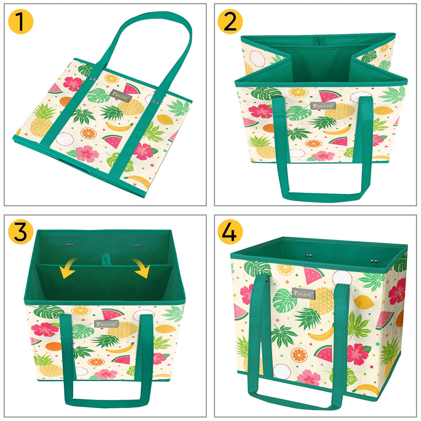 BALEINE 3Pk Reusable Grocery Bags, Foldable Shopping Bags for Groceries with Reinforced Bottom & Handles (Antique Foliage)