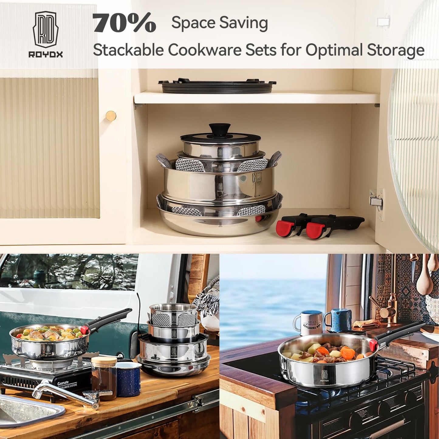 ROYDX 16pcs Pots and Pans Set, Stainless Steel Cookware Set Detachable Handle, Induction Kitchen Stackable RV Cookware Sets, (Camper, Boat, Small Kitchen), Dishwasher Safe&Oven Safe, PFOA Free, Silver