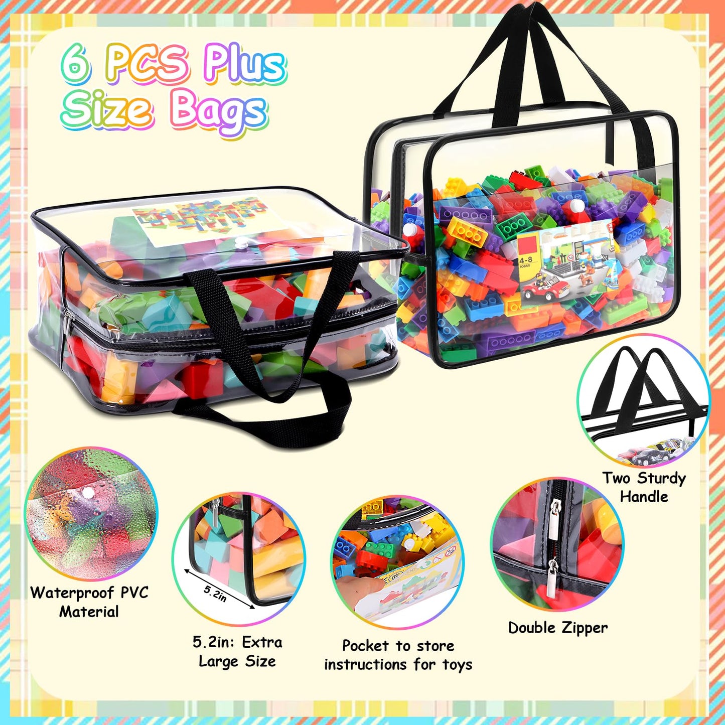 6 Pack Toy Storage Bags, Toy Organizer Bags with Zipper Front Pocket and Labels, Kid Toy Storage Organizer for Board Games, Building Blocks and Puzzles