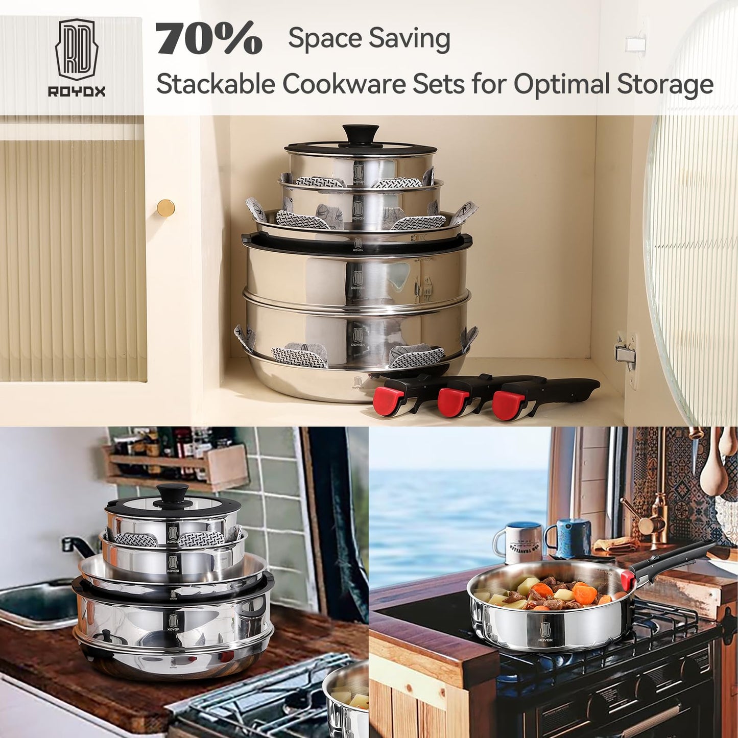 ROYDX 16pcs Pots and Pans Set, Stainless Steel Cookware Set Detachable Handle, Induction Kitchen Stackable RV Cookware Sets, (Camper, Boat, Small Kitchen), Dishwasher Safe&Oven Safe, PFOA Free, Silver