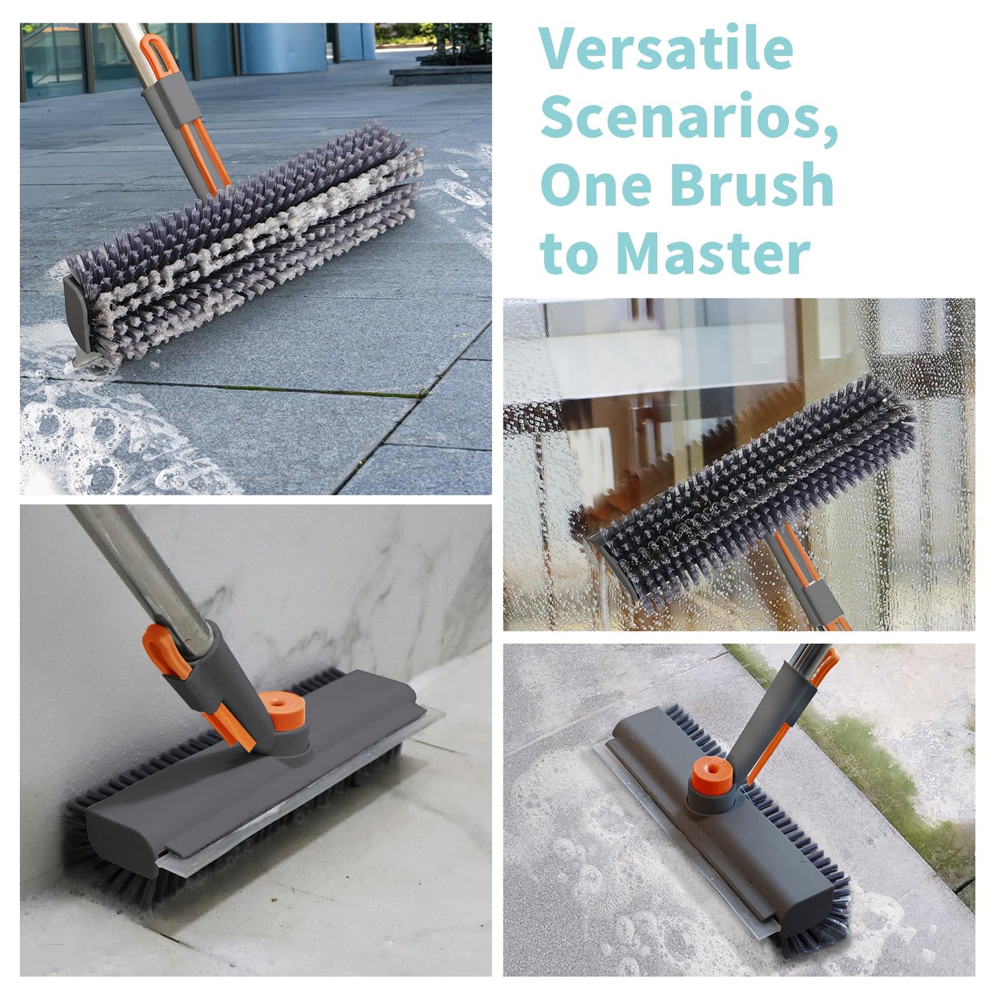 AIR U+ Floor Scrub Brush with Long Handle, 3 in 1 Scrape and Heavy-Duty Stiff Bristle Scrubber Brush for Cleaning Shower Bathroom, Patio, Garage, Kitchen, Wall and Deck