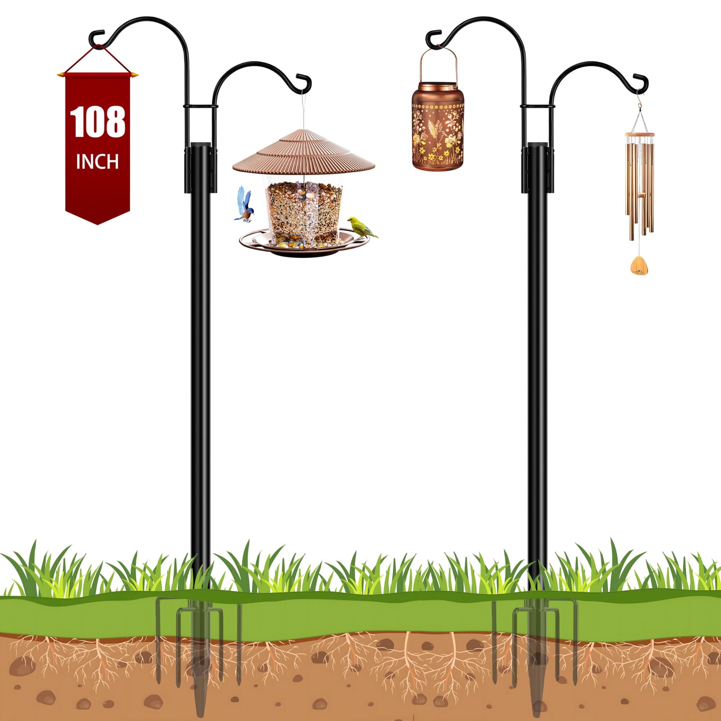 Ottsuls Bird Feeder Pole, 2 Pack 92 INCH Double Shepherds Hooks for Outdoor, Garden Pole with 5 Base Prongs Heavy Duty Planter Hooks for Hanging Plant Baskets, Lantern, Hummingbird Feeder