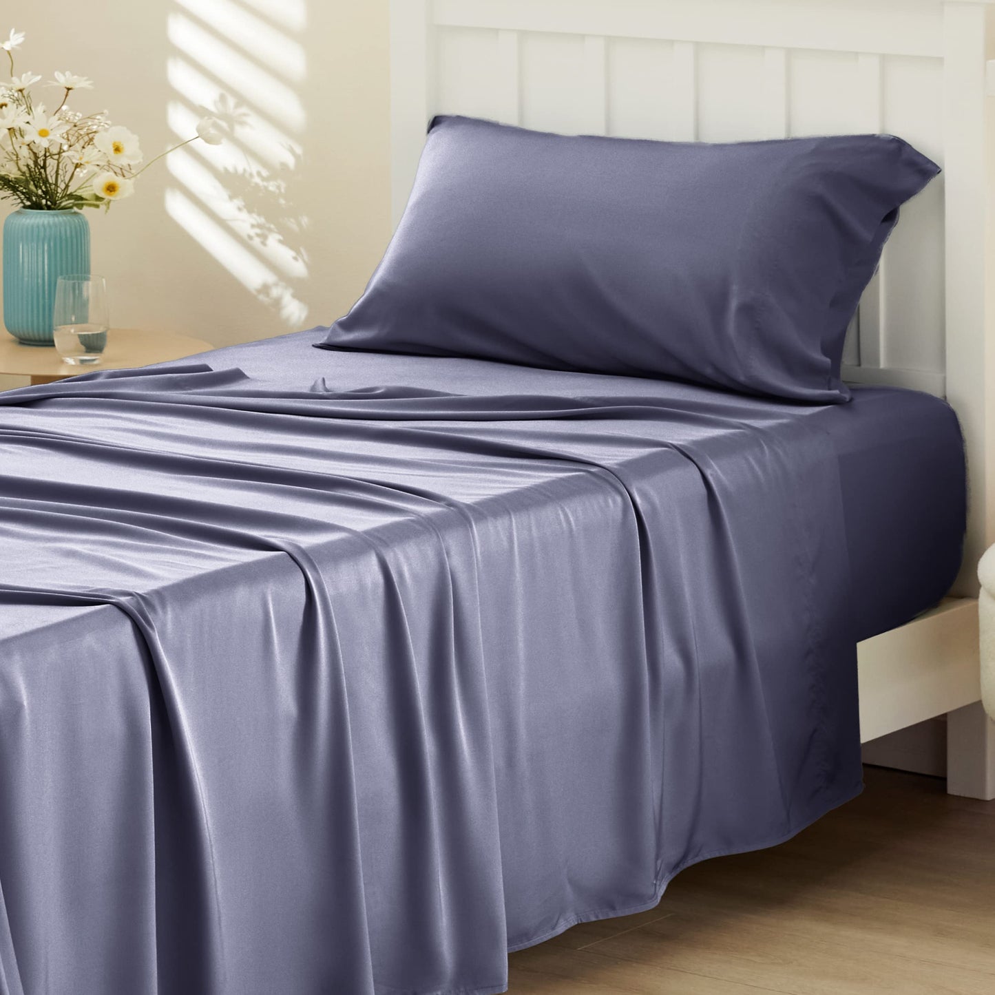 Bedsure Queen Sheet Set, Cooling Sheets for Queen Size Bed Set, Rayon Derived from Bamboo, Breathable & Soft Deep Pocket Up to 16 Inches, Hotel Luxury Silky Bedding, Bedsheet & Pillowcases, Dark Grey