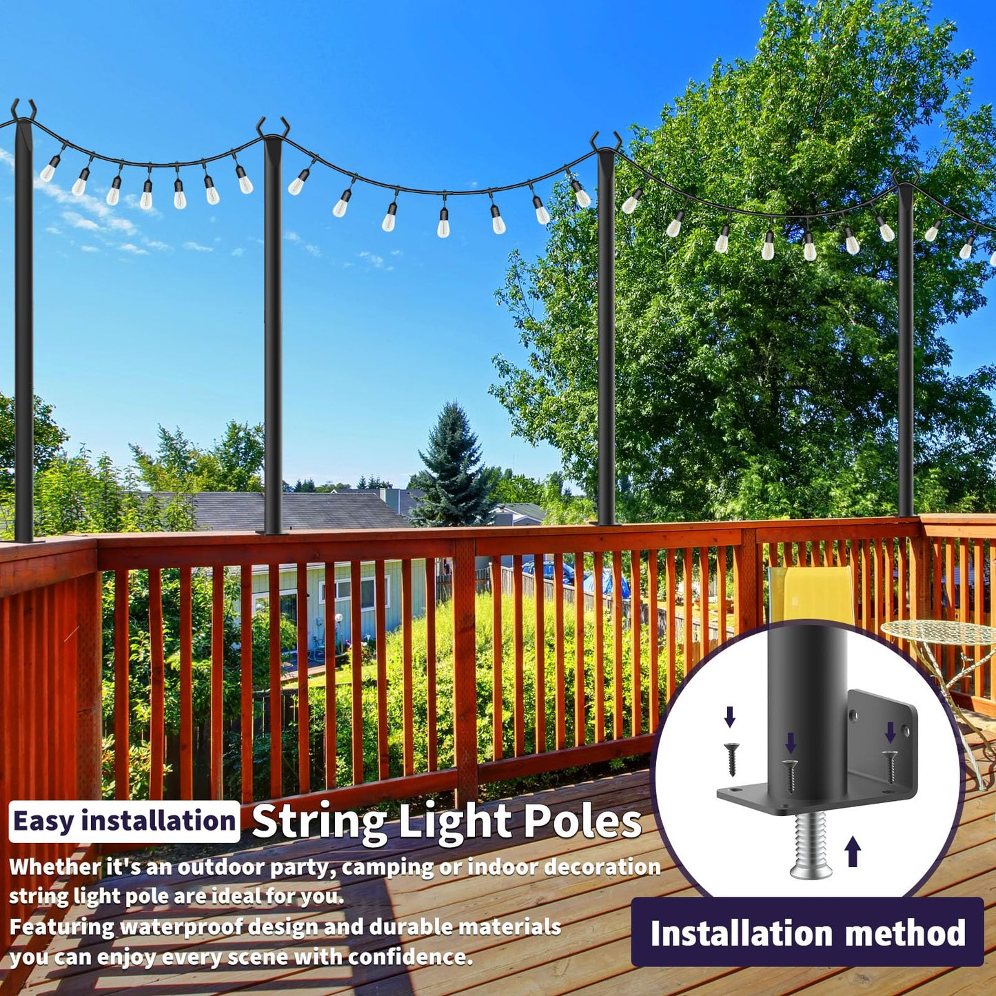 10Ft String Light Poles 4 Pack,Light Poles for Outside Lights,Outdoor with Fence Brackets Hanging Lights,Metal Stand Deck Patio Backyard