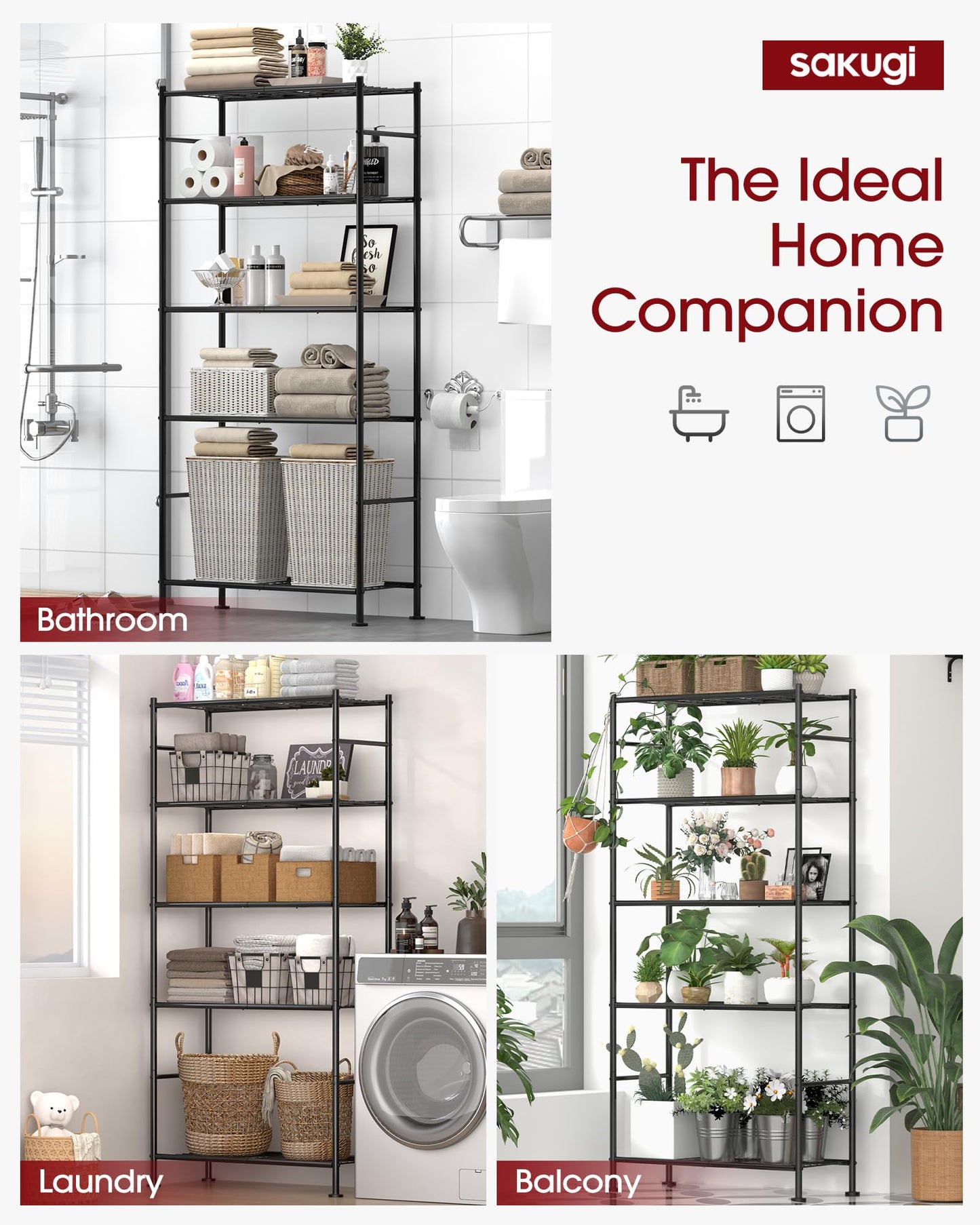 Storage Shelves - Set of 2, 5-Tier Metal Shelf Organizer, Space-Saving Garage Shelving with Leveling Feet, Standing Shelves Organizer for Kitchen, Laundry, Pantry (18.1"x12.3"x56.8", Black)
