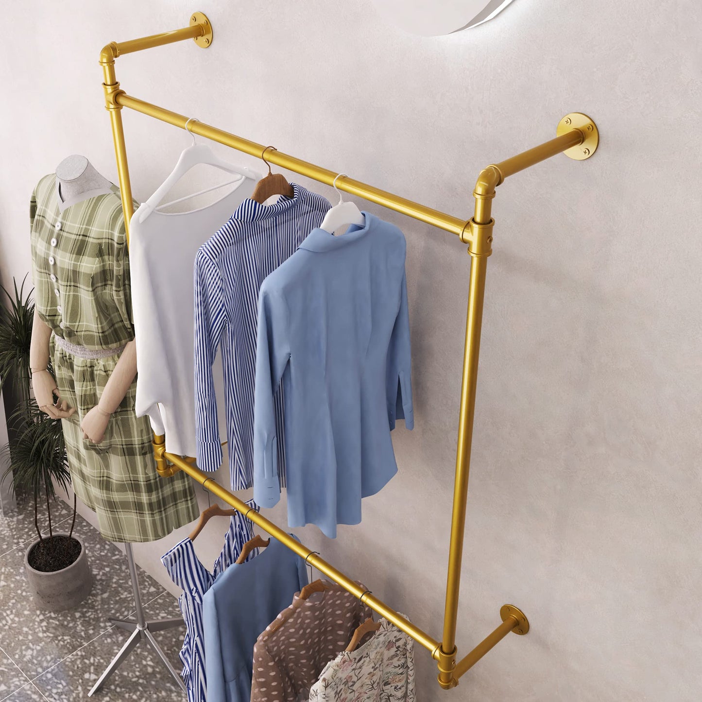 Industrial Pipe Clothing Rack Wall Mounted Clothes Rack Heavy Duty Closet Rod for Retail, Laundry Room, Bedroom