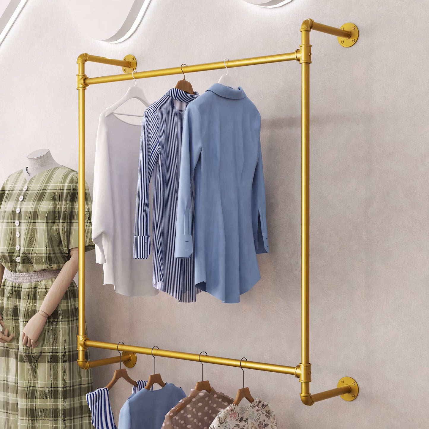 Industrial Pipe Clothing Rack Wall Mounted Clothes Rack Heavy Duty Closet Rod for Retail, Laundry Room, Bedroom