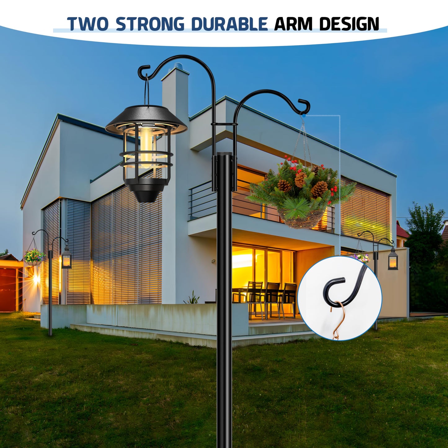 Ottsuls Bird Feeder Pole, 2 Pack 92 INCH Double Shepherds Hooks for Outdoor, Garden Pole with 5 Base Prongs Heavy Duty Planter Hooks for Hanging Plant Baskets, Lantern, Hummingbird Feeder