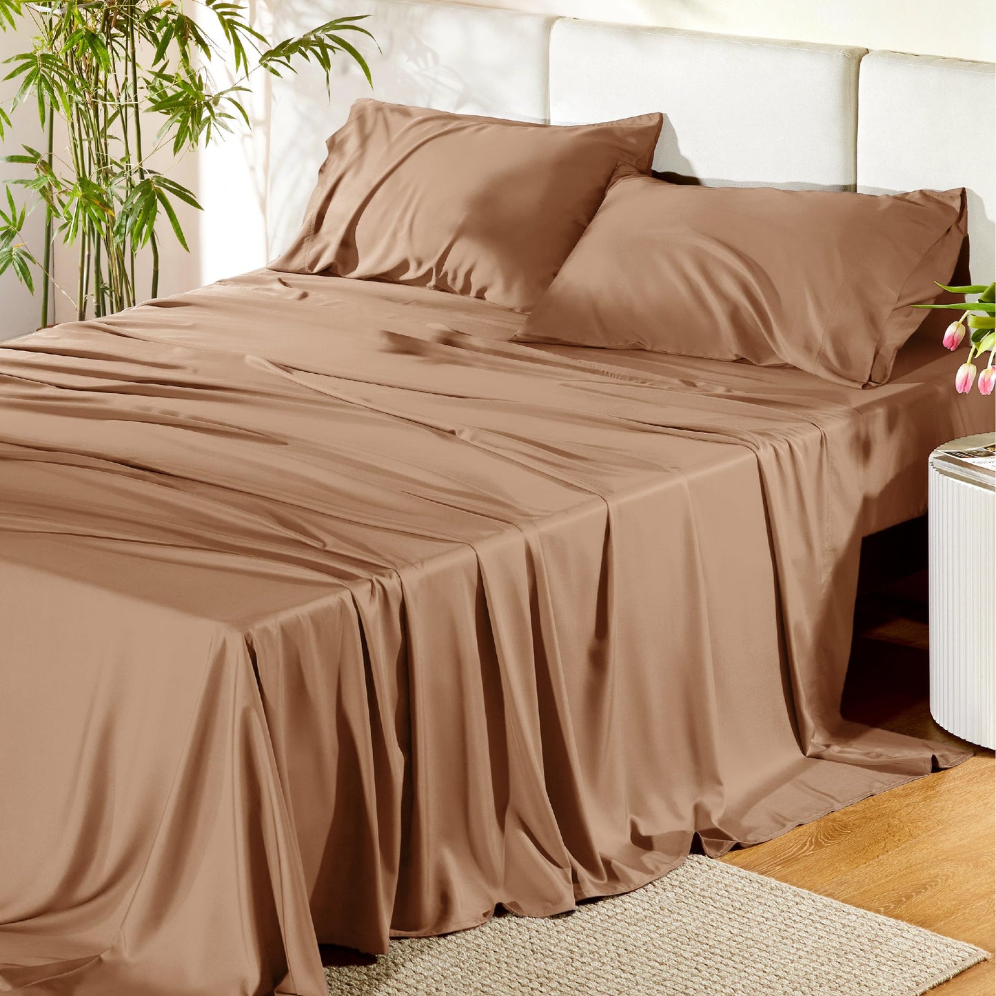 Bedsure Queen Sheet Set, Cooling Sheets for Queen Size Bed Set, Rayon Derived from Bamboo, Breathable & Soft Deep Pocket Up to 16 Inches, Hotel Luxury Silky Bedding, Bedsheet & Pillowcases, Dark Grey