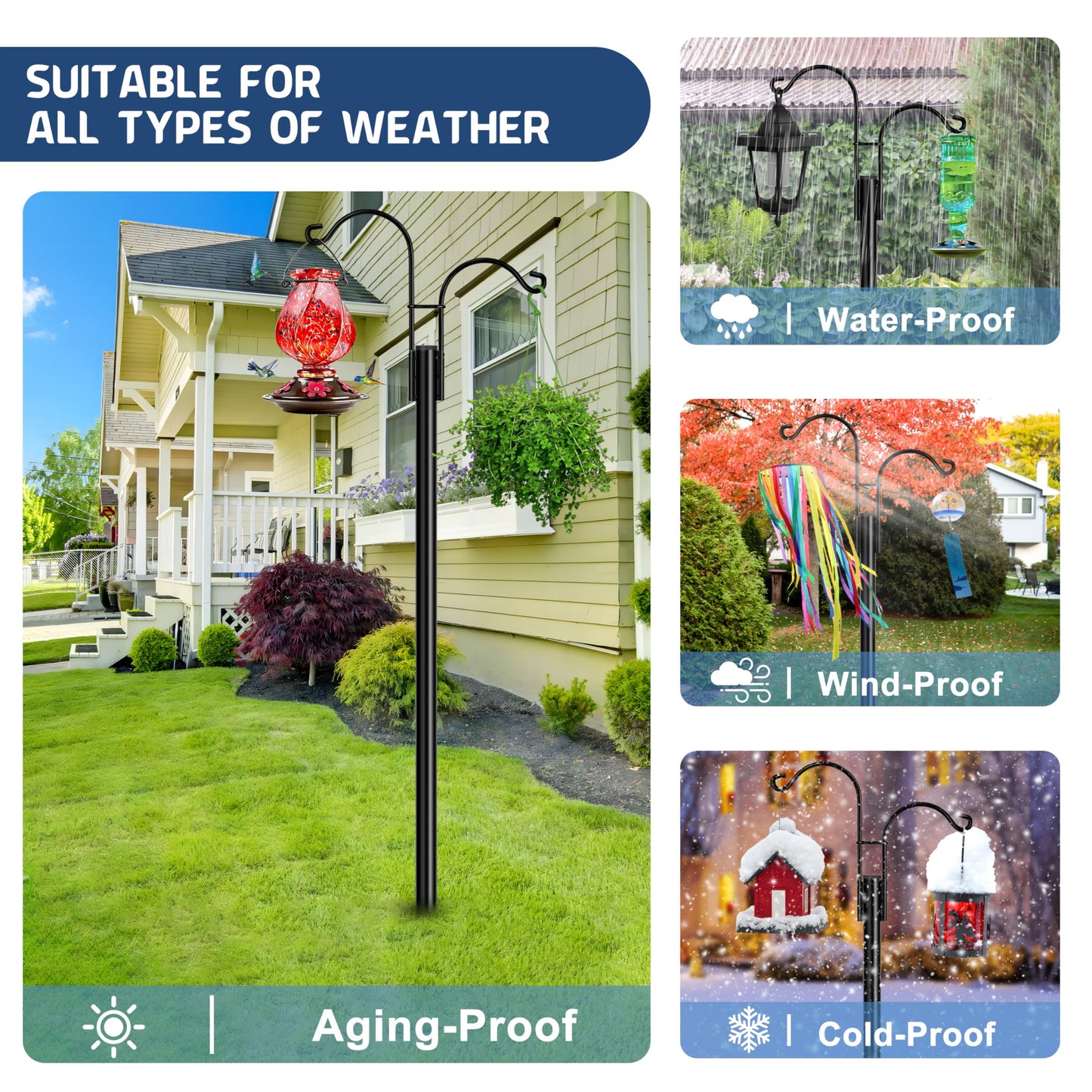 Ottsuls Bird Feeder Pole, 2 Pack 92 INCH Double Shepherds Hooks for Outdoor, Garden Pole with 5 Base Prongs Heavy Duty Planter Hooks for Hanging Plant Baskets, Lantern, Hummingbird Feeder
